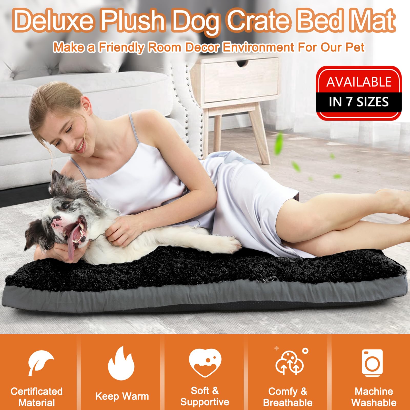 Pocblue Deluxe Washable Xl Dog Bed Dog Crate Mat 42 Inch Comfy Fluffy Kennel Pad Anti-Slip For Dogs Up To 90 Lbs, 42' X 28', Black