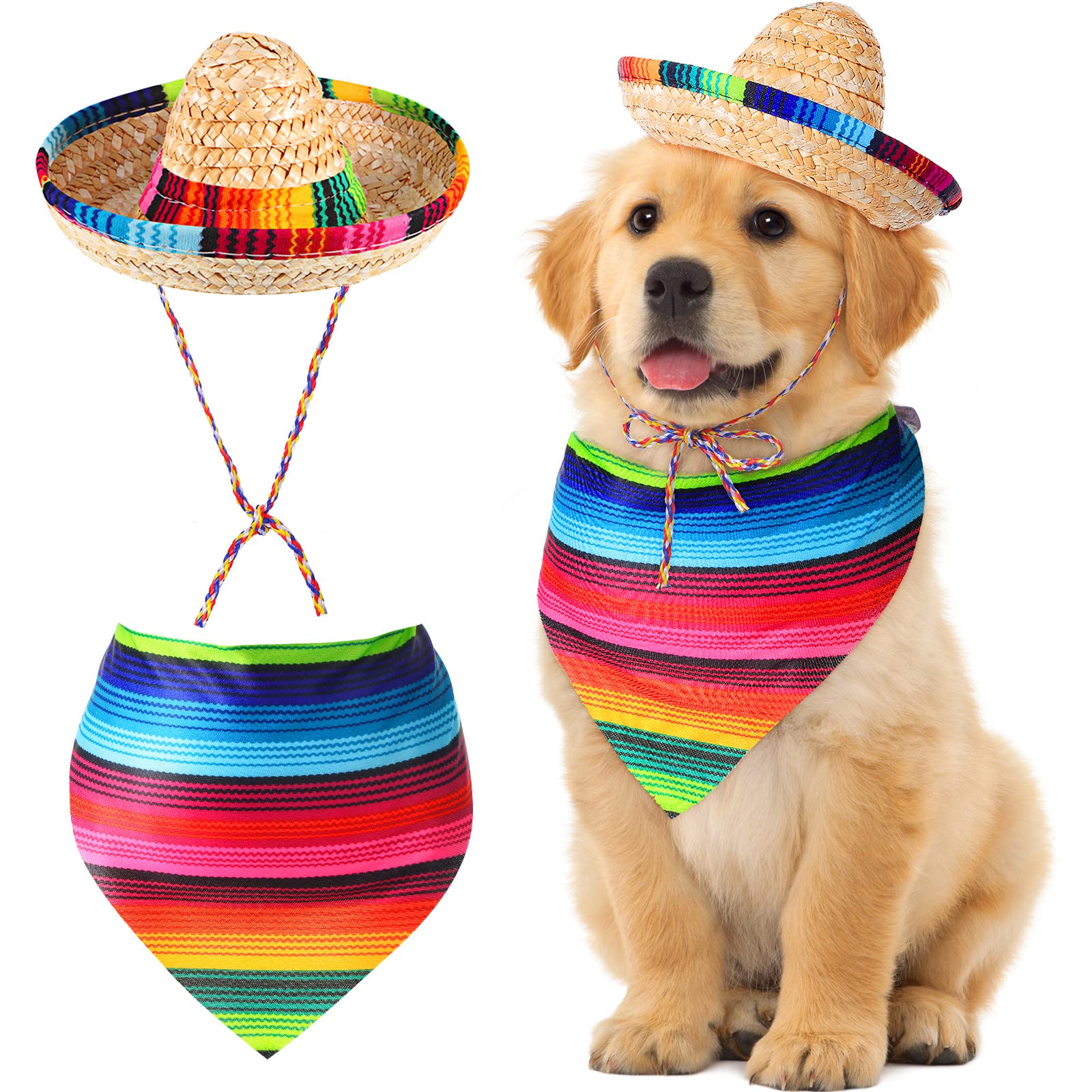 Saintrygo Dog Sombrero Hat Pet Carnival Costume Straw Mexican Hat and Dog Bandana Pet Triangle Bib for Mexican Cowboy Carnival D