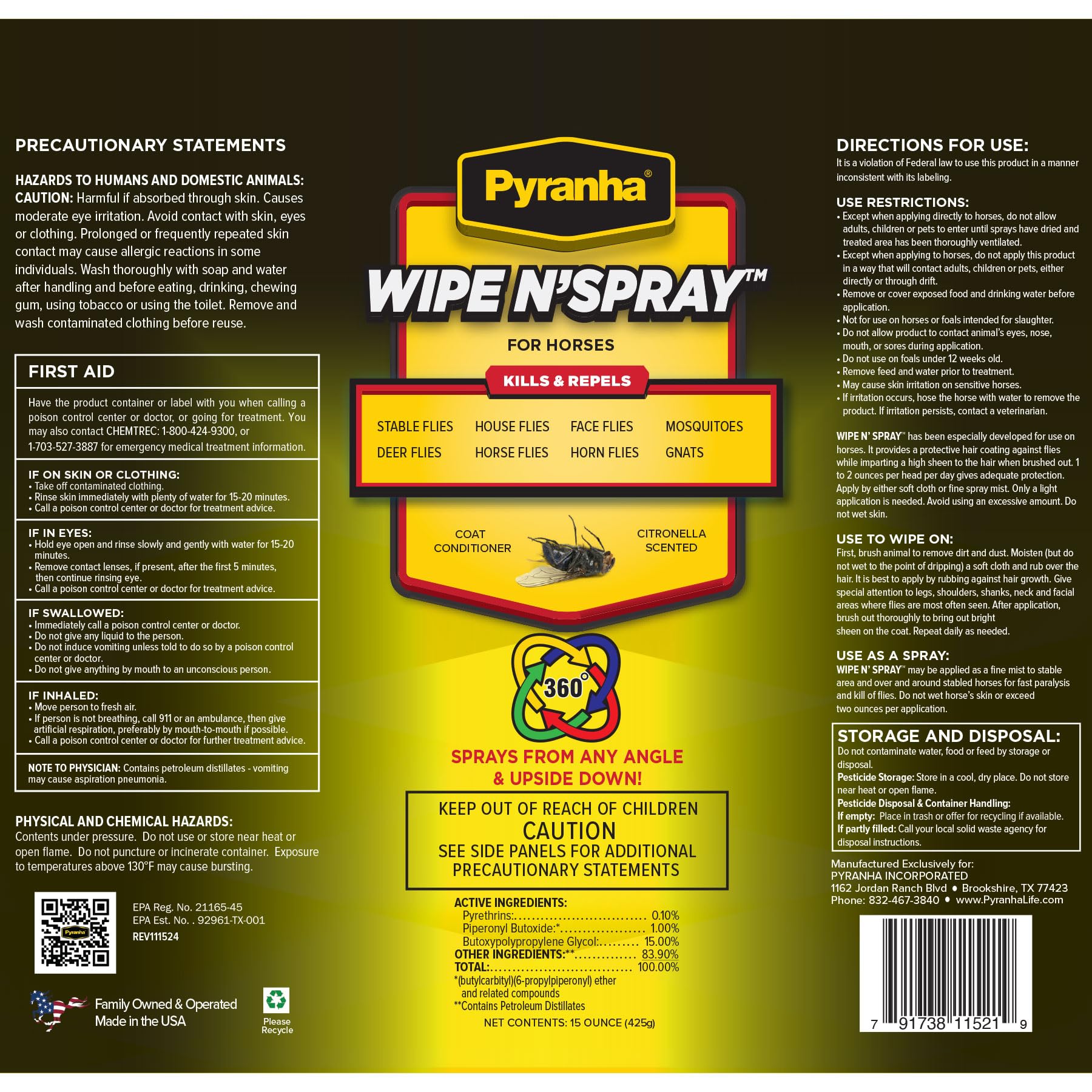 PYRANHA Wipe N Spray for Horses - Oil-Based Long Lasting Fly Control Repels Horn, Deer, Horse, House, Stable, & Face Flies, Tic