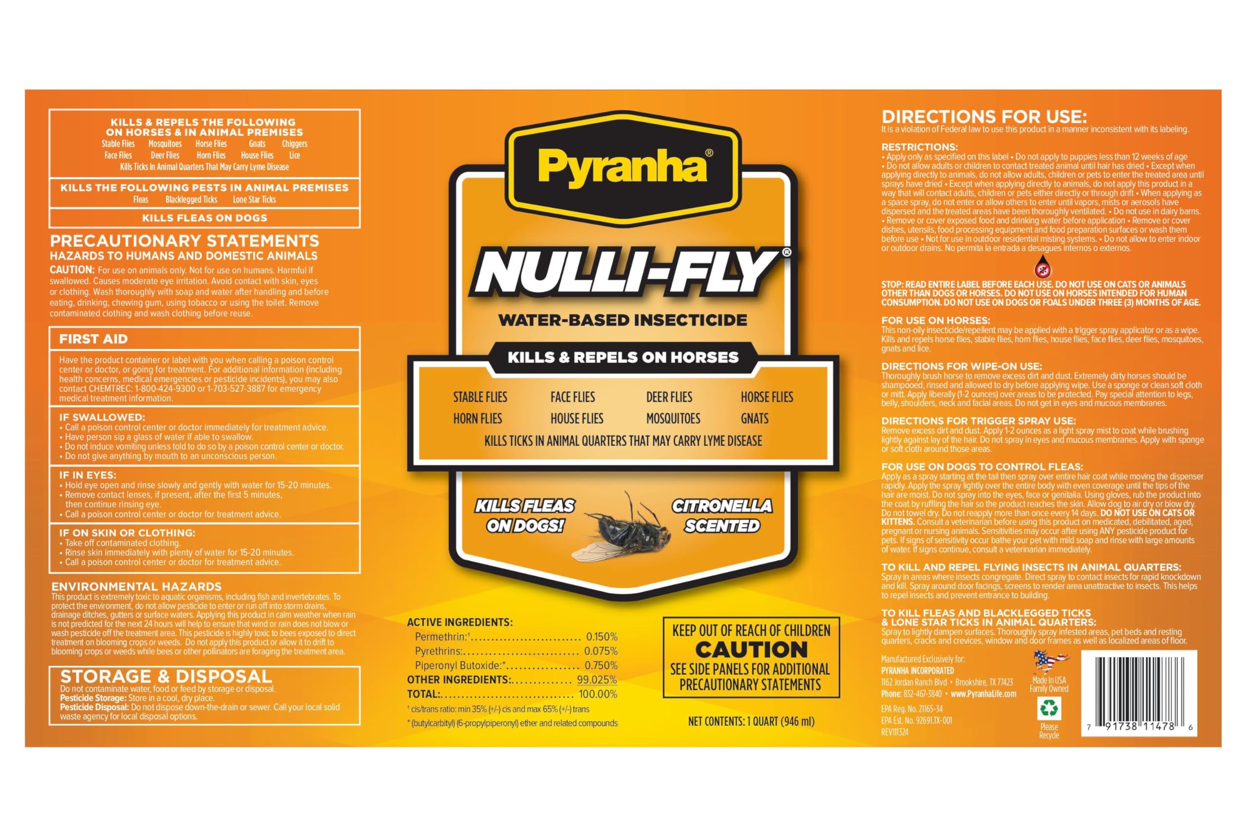 Pyranha Nulli-Fly Horse Fly Spray - Water-Based Formula for Sensitive Skin, Kills and Repels Flies, Gnats, Lice, Ticks, Ready to