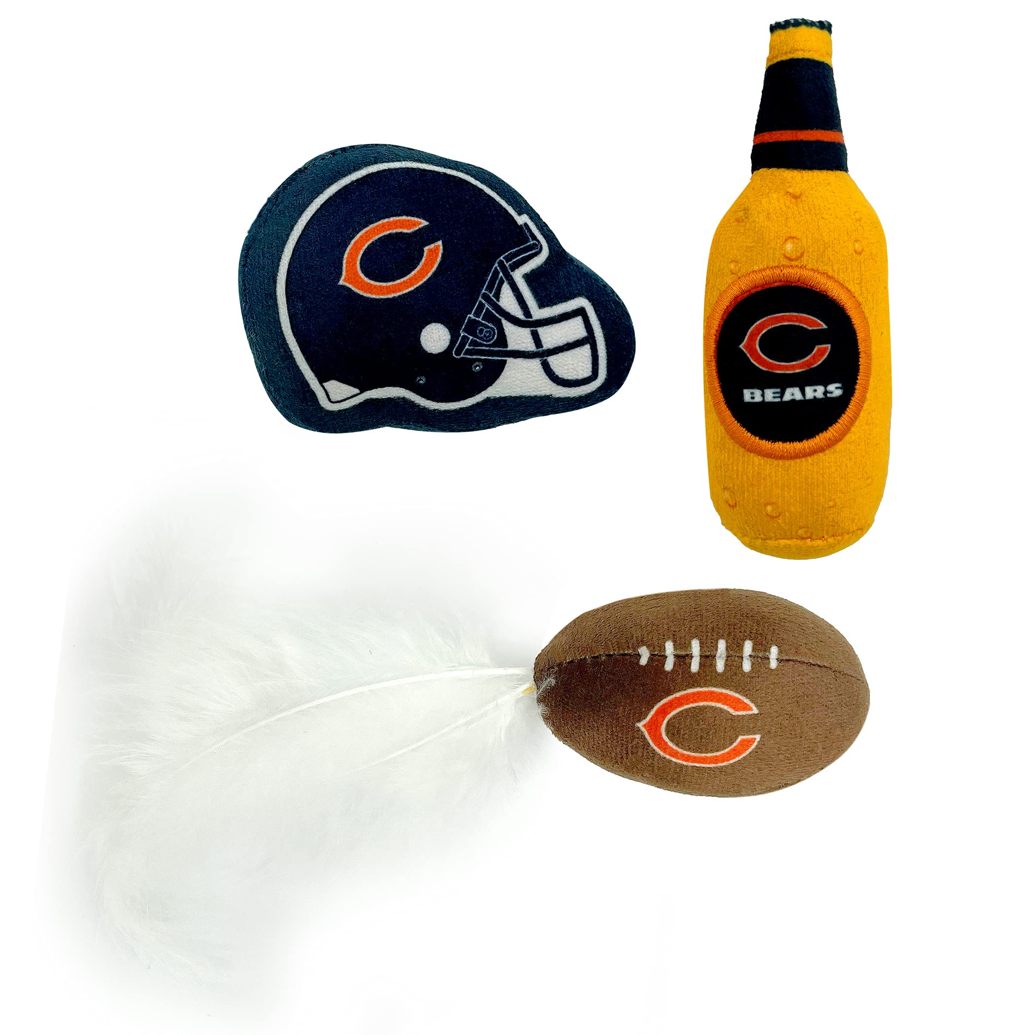 BEST PLUSH CAT TOY - NFL CHICAGO BEARS Complete Set of 3 piece Cat Toys filled with Fresh Catnip. Includes: 1 Helmet Cat Toy, 1