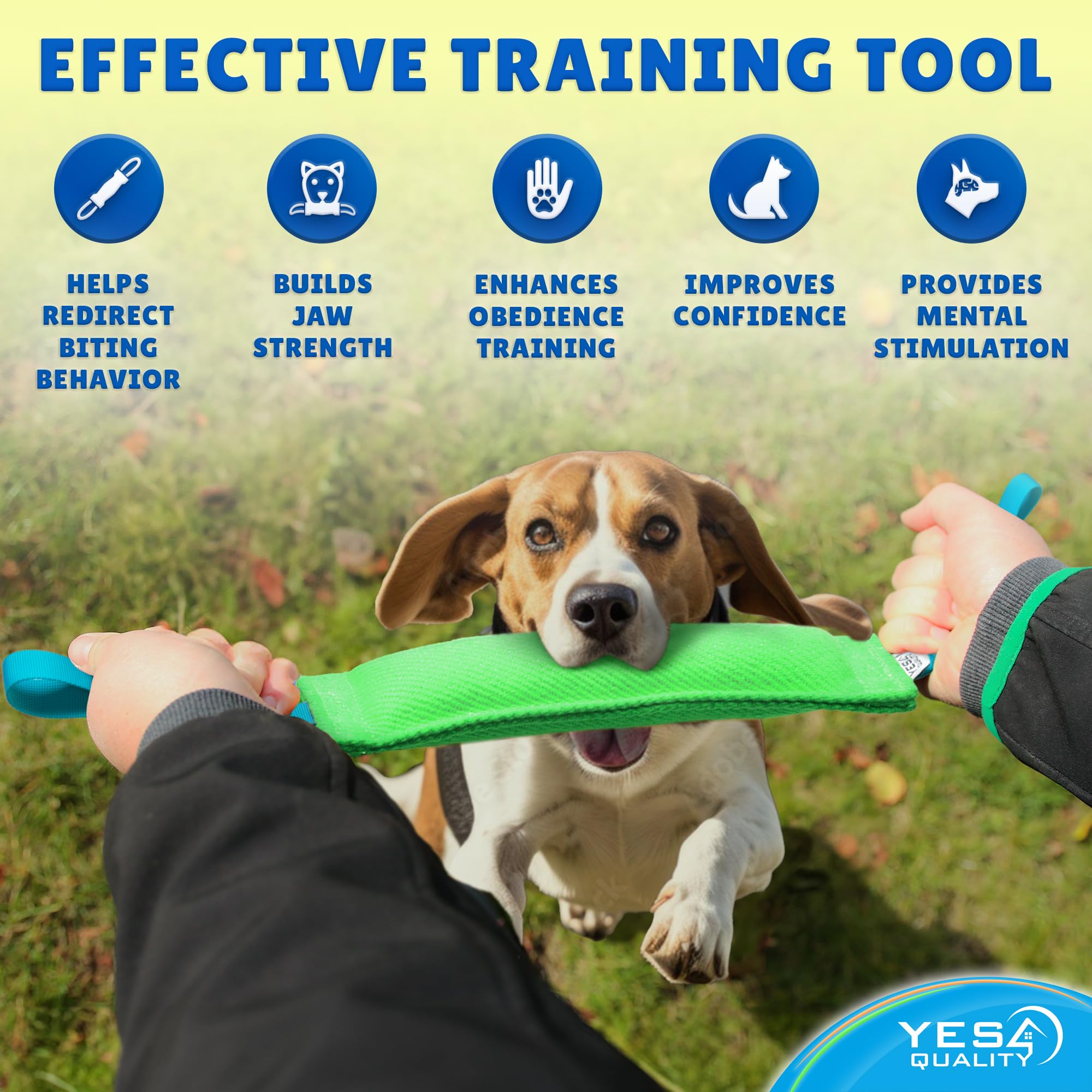 Yes4Quality Dog Bite Tug Toy (11.8'X3.5'), Durable Green Pull Toy W/ 2 Soft & Strong Blue Handles, Tough Nylon Bite Pillow For Small To Medium Dogs, Ideal For Tug Of War, Fetch, K9, Puppy Training