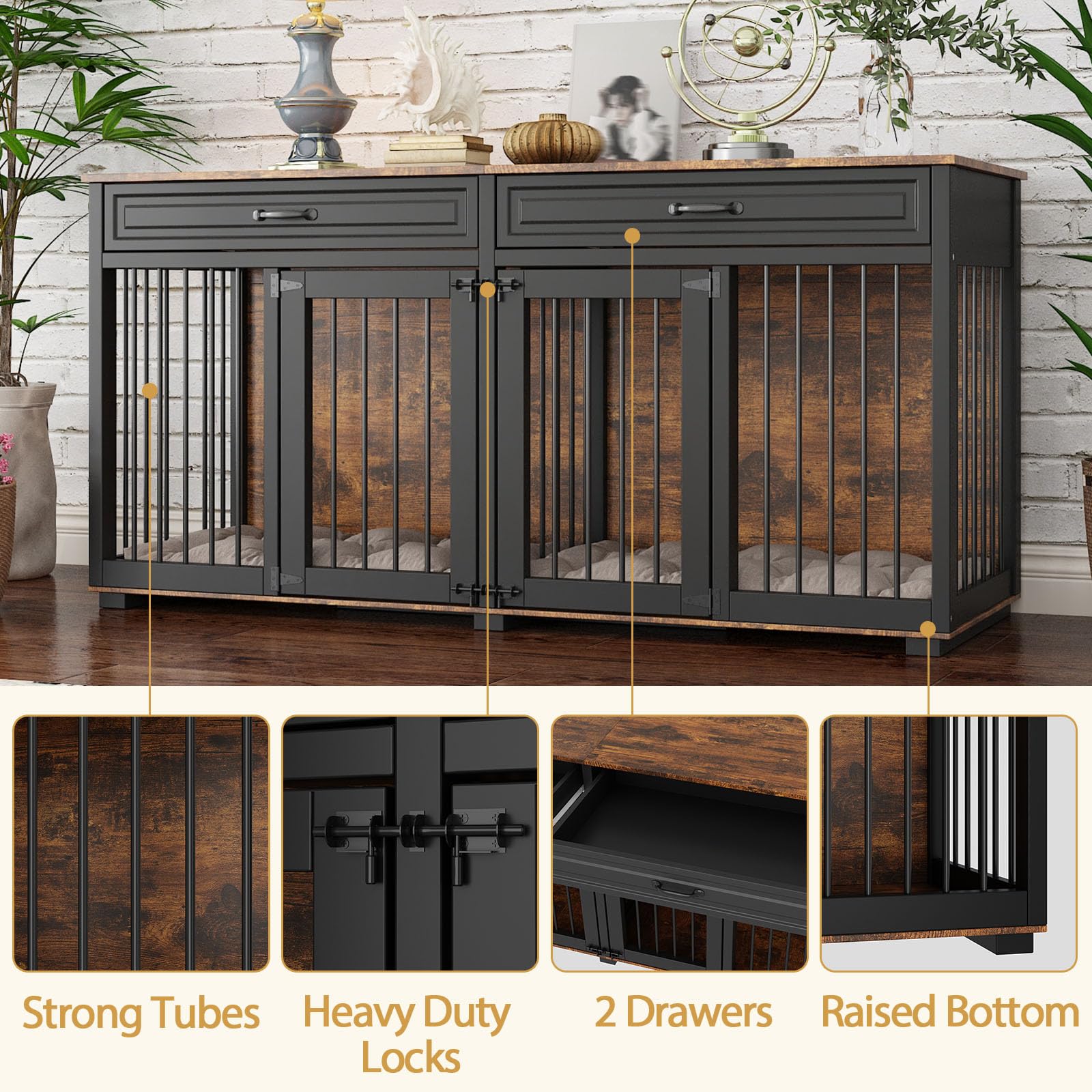 DAWNSPACES Extra Large Dog Crate Furniture, 93 Inch Heavy Duty Wooden Dog Kennel with Drawers & Removable Divider, Indoor Furnit