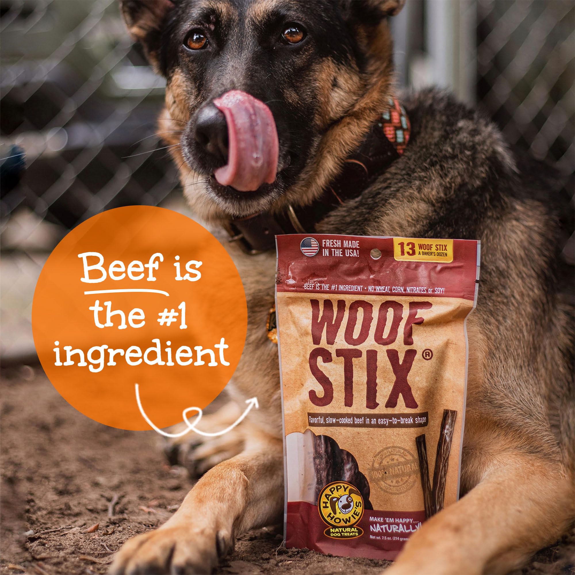 Happy Howies Woof Stix - Healthy Dog Treats, Flavorful Slow Cooked Beef Stick, Natural Ingredients, Hormone Free - Beef, 80 Cou