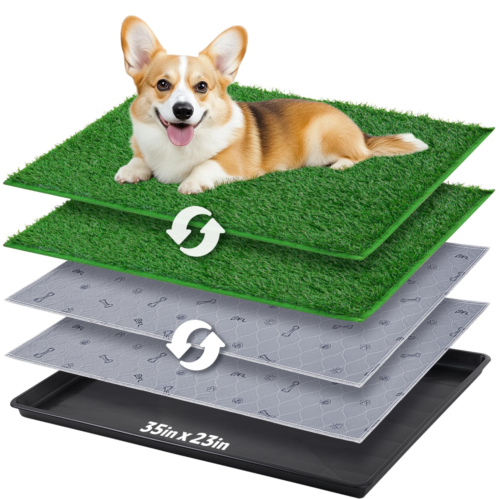Dog Grass Pad With Tray - 35''X23'' Dog Litter Box With 2 Pack Hemmed Edge Artificial Grass Patch + 2 Washable Reusable Pee Pads