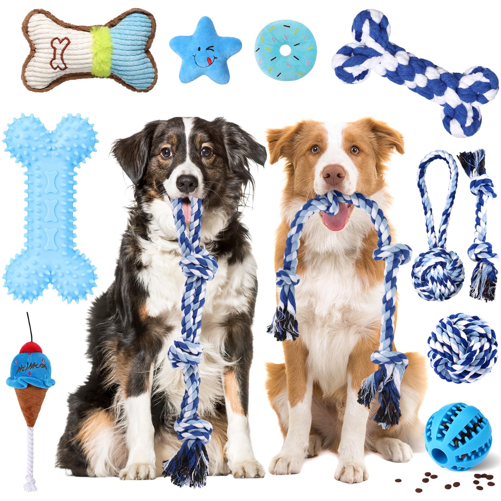 Vinsot 12 Pack Large Dog Chew Toys For Aggressive Chewers Blue Teething Toys With Dental Rope Squeaky Balls And Chew Bone For Me