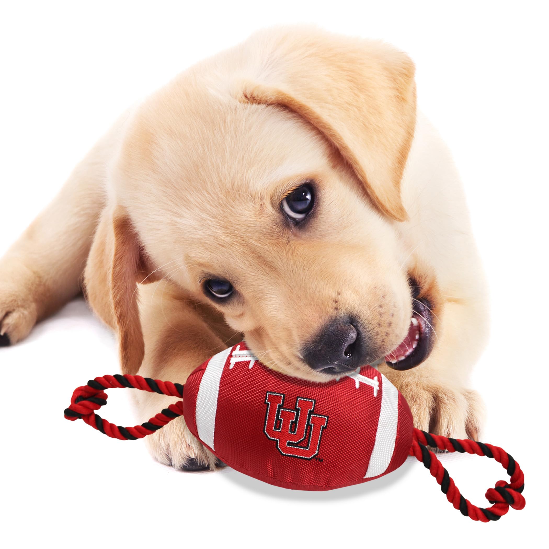Pets First Utah Football Dog Toy, Tough Quality Nylon Materials, Strong Pull Ropes, Inner Squeaker, Collegiate Team Color