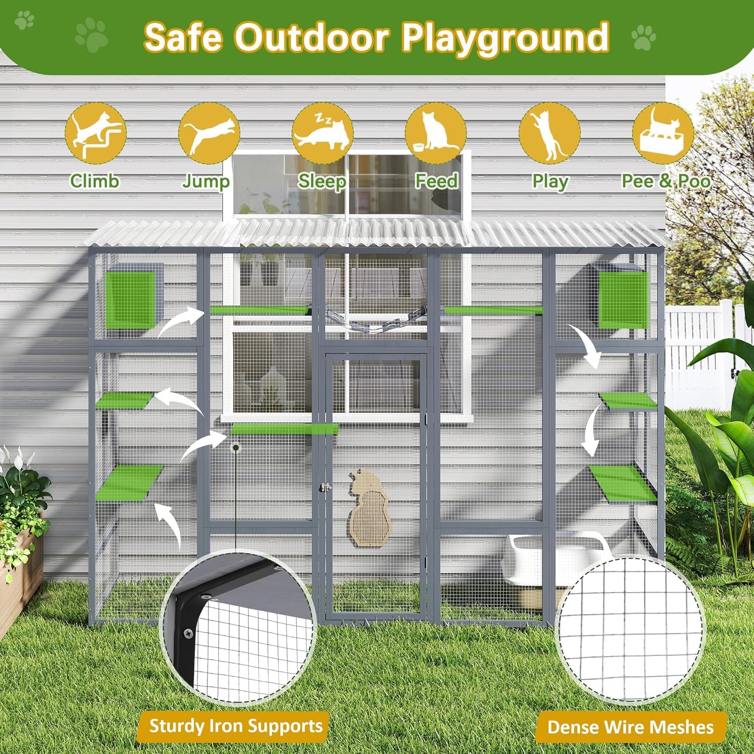 COZIWOW Catio Outdoor Cat Enclosure Window, 104 Wooden Large Catio Outside Cattery for Multiple Cats with Sloped Waterproof Cove