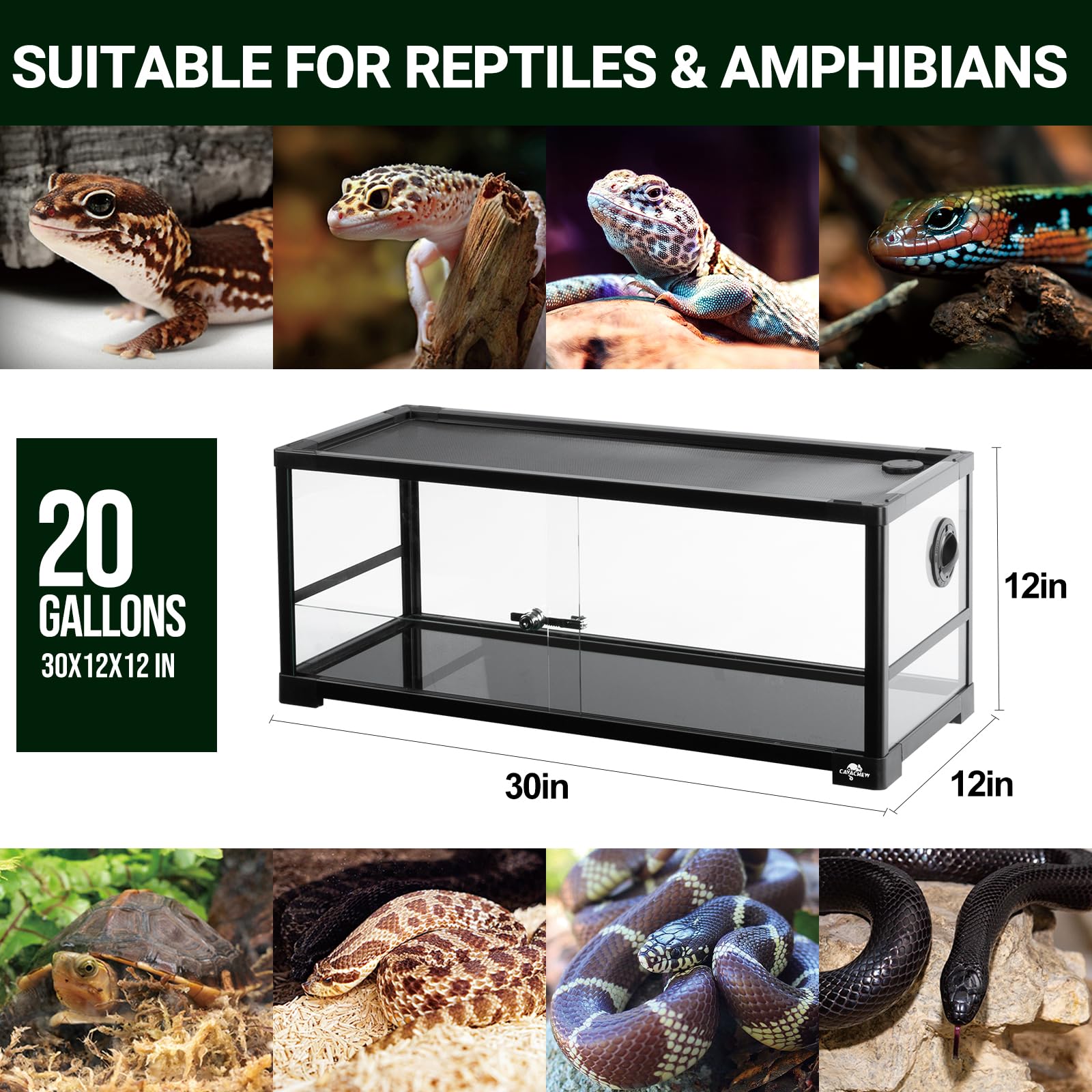 Cavachew 20 Gallon Reptile Tank, 30'' X 12'' X 12'' Reptile Terrarium, Top Screen Ventilation, Sliding Door, Cable & Fogger Pass