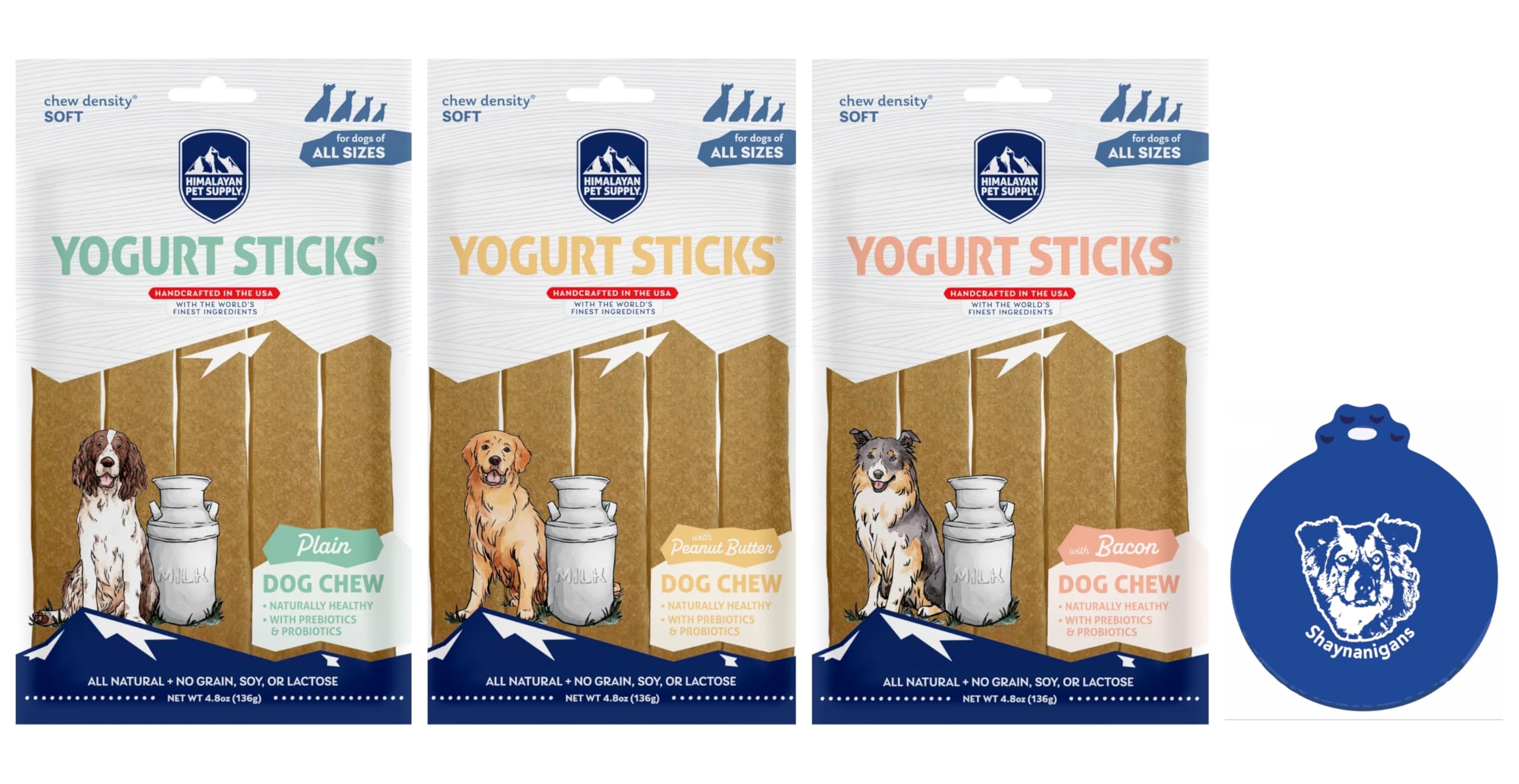 Himalayan Pet Supply Yogurt Sticks Dog Treats in 3 Flavors: 1 Bacon, 1 Yogurt & 1 Peanut Butter Flavor (3 Bags Total, 5 Sticks/B