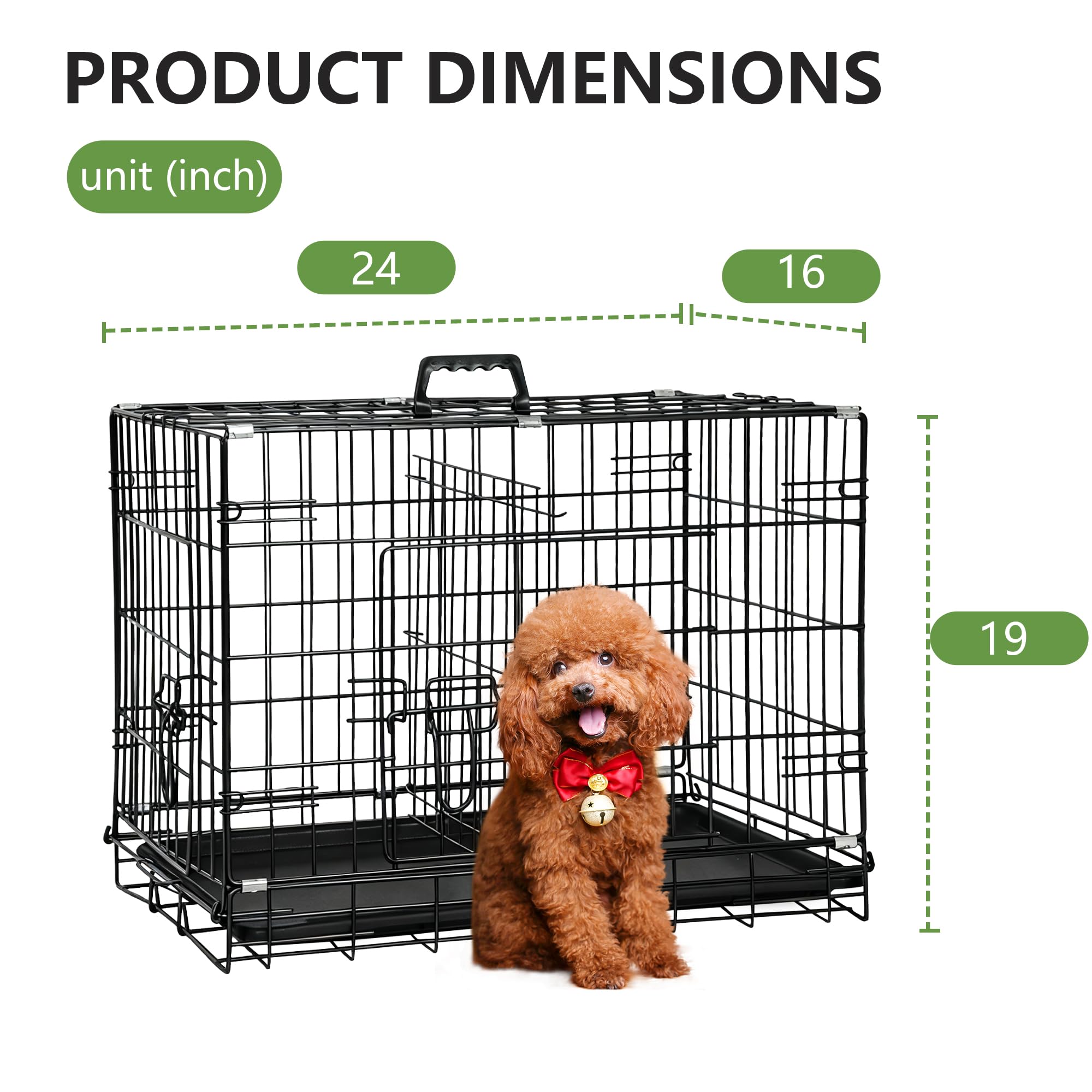 FDW 24-Inch Dog Crate Pet Cage with Metal Folding Design Plastic Tray Indoor Outdoor Dog Kennel Cage for Small Dogs,Dark Black