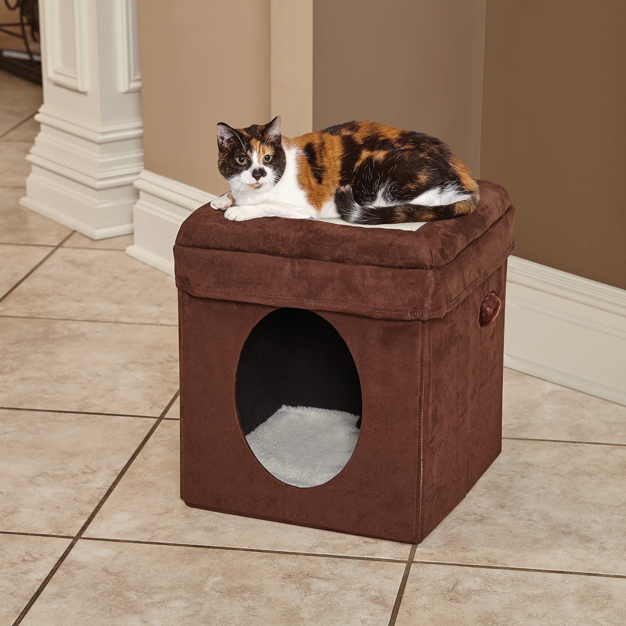 Midwest Homes For Pets 137-Br 'The Original' Curious Cat Cube, Cat House / Cat Condo In Brown Faux Suede & Synthetic Sheepskin