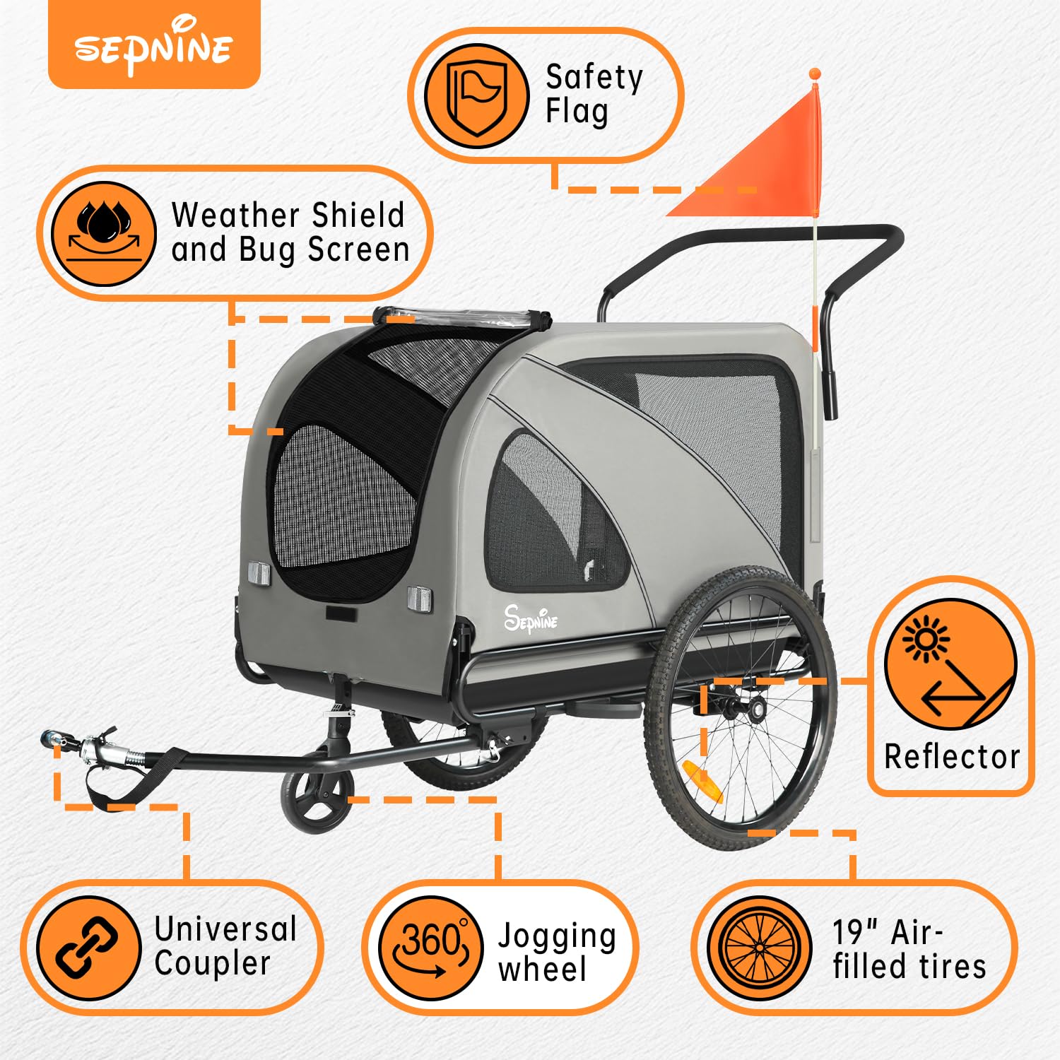 Sepnine Dog Bike Trailer, Supports up to 88 lbs, 2-in-1 Pet Stroller Cart Bicycle Carrier, Easy Folding Cart Frame with Quick Re