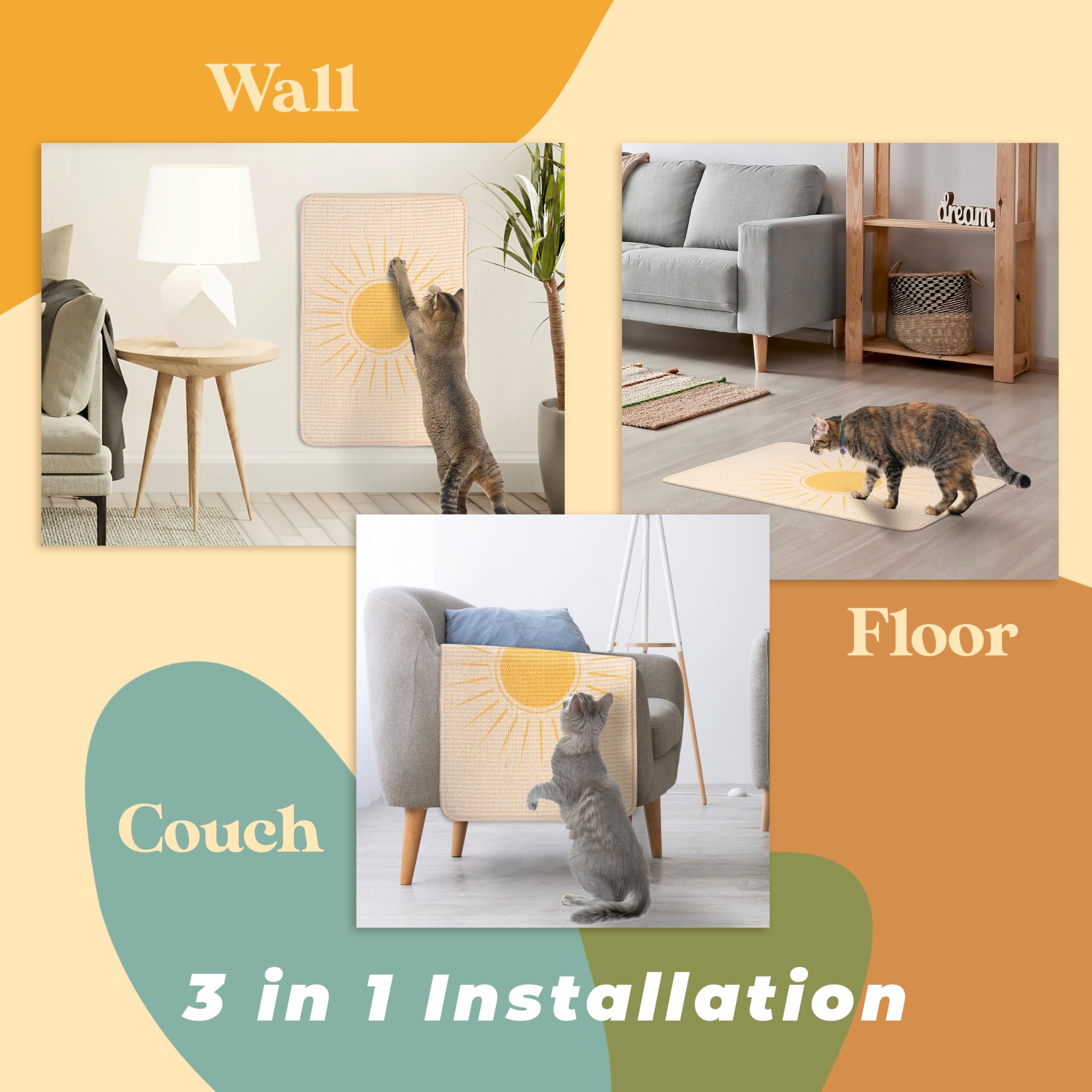 Evomotive Sisal Cat Scratcher, Catnip Fish Toy, Cat Wall Scratcher, Couch Protector, Scratching Mat - 24 X 15.8 With 12 Adhesive