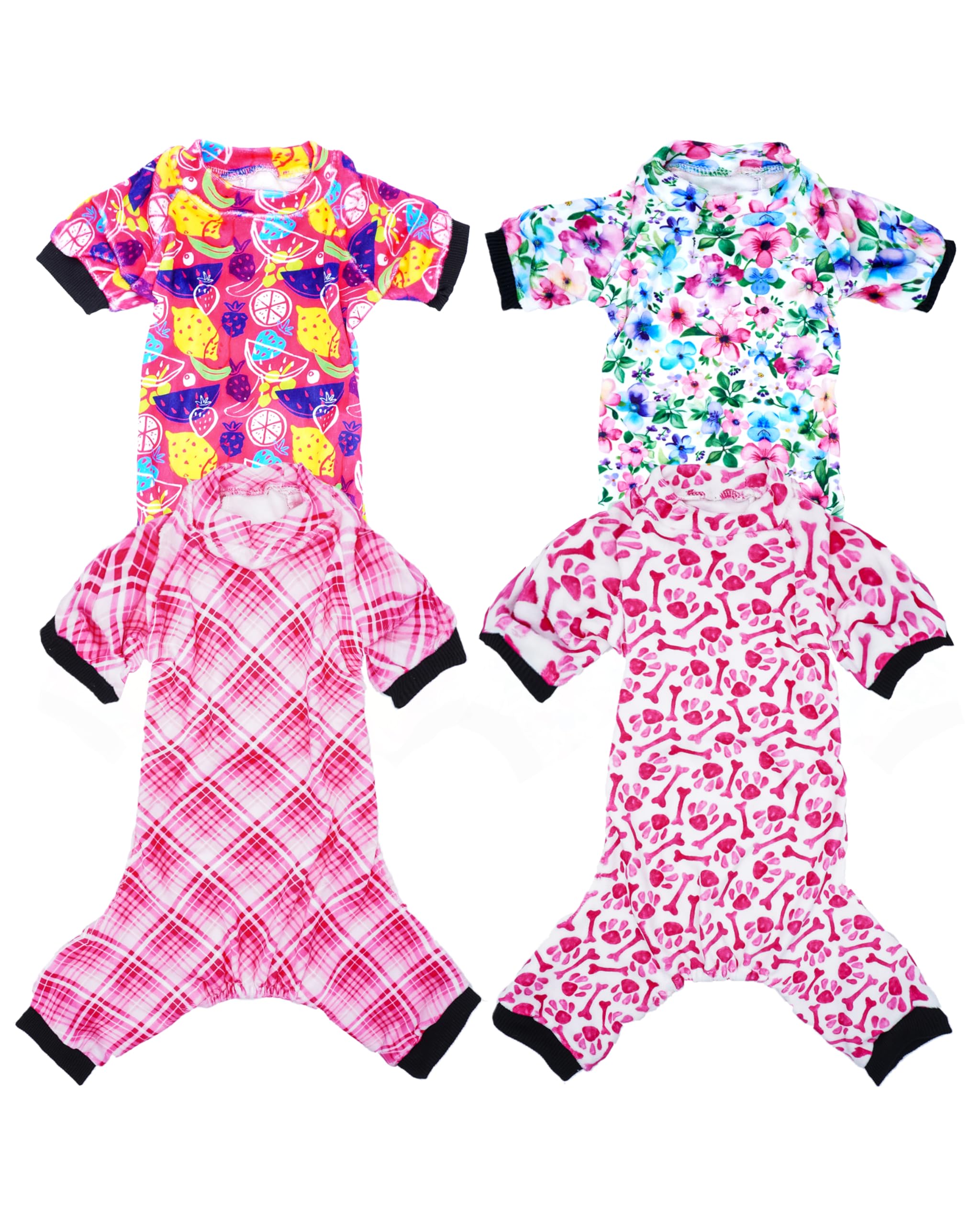 Pet Show 4 Pack Small Dog Pajamas Cute Paw Bone Clothes Doggies Soft Stretchy Pjs Plaid Jumpsuit Puppy Cats Floral Fruits Onesie