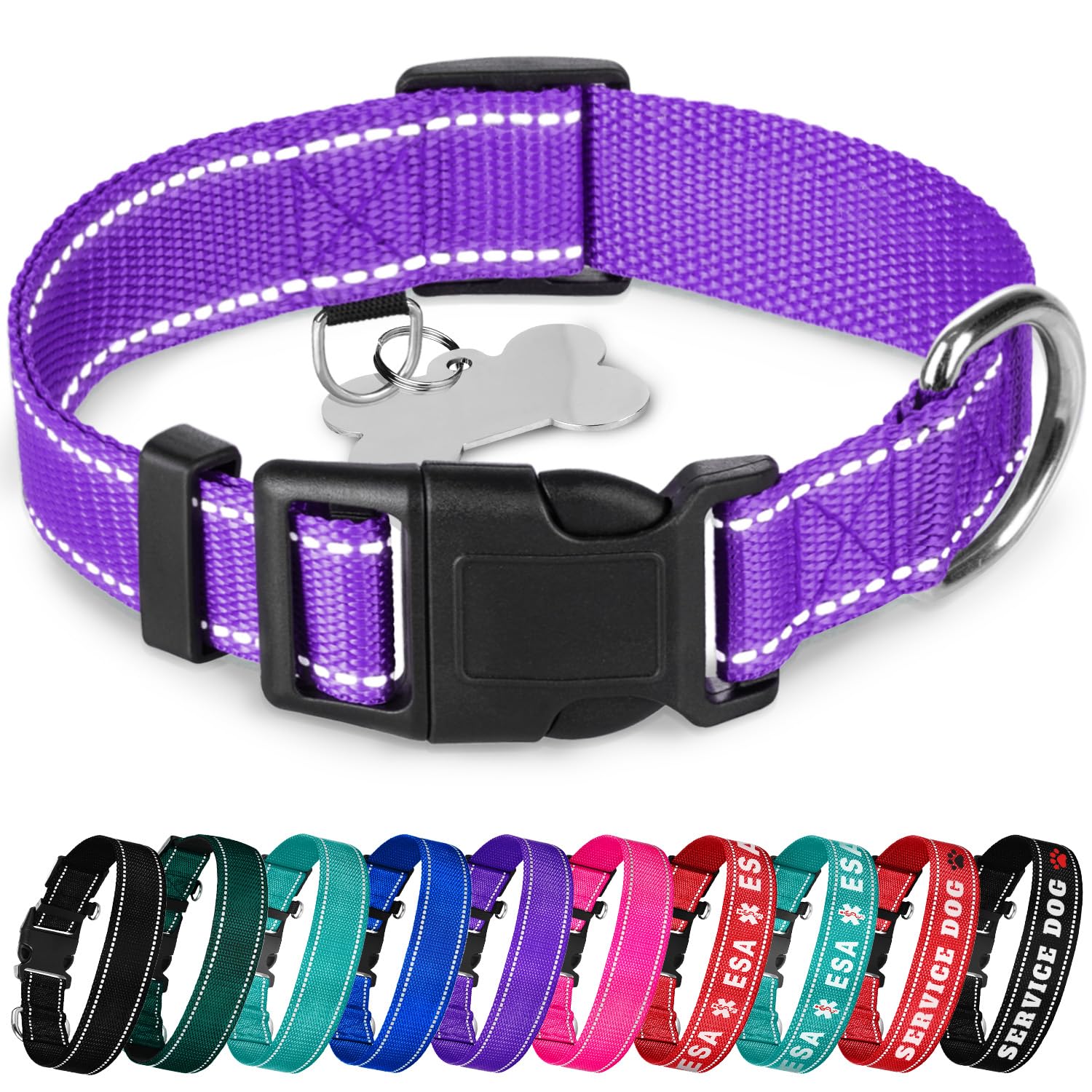 Teceum Reflective Dog Collar - Purple - L - Basic Nylon Pet Collar - Quick Release Buckle - Fits Small, Medium And Large Dogs, P