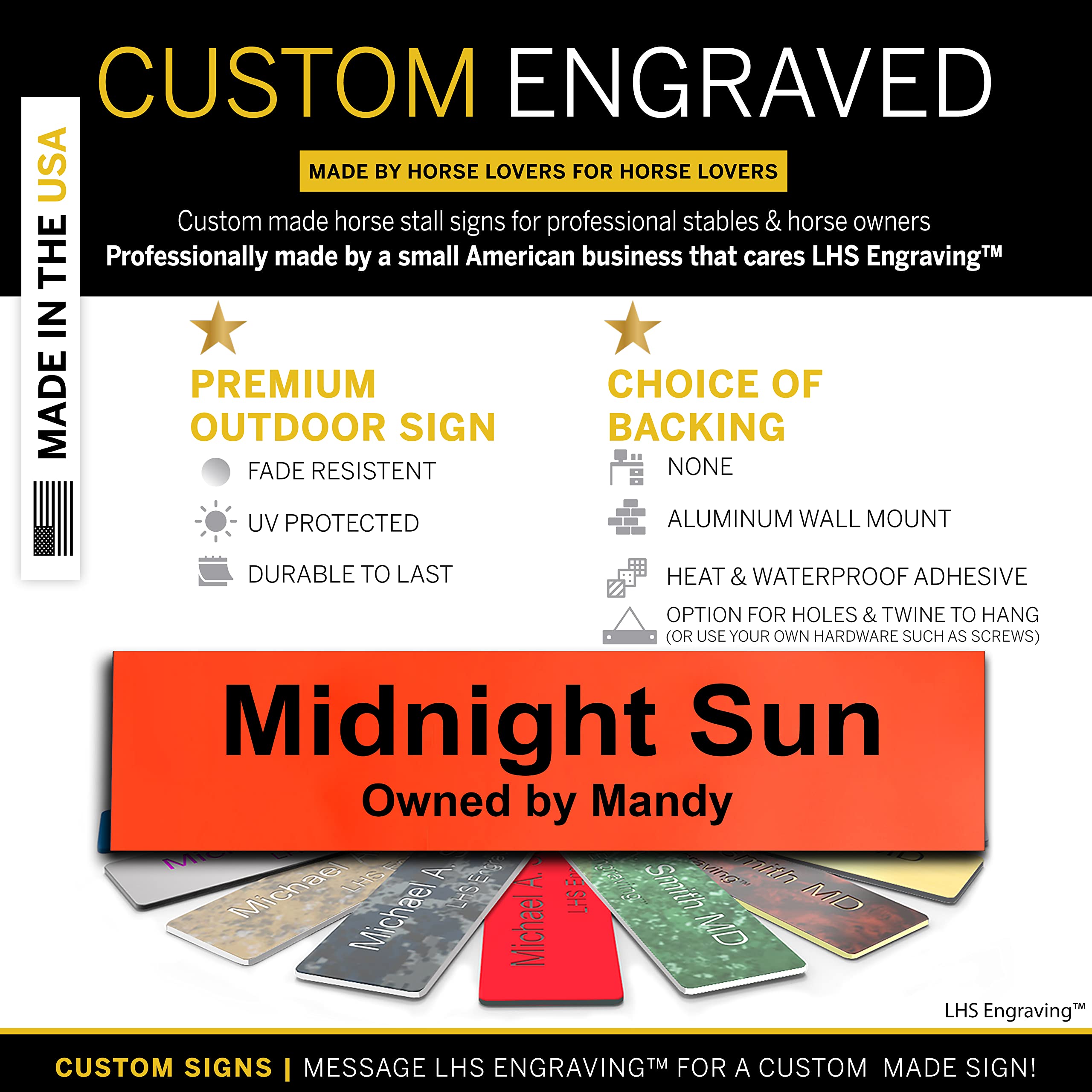 Lhs | Horse Stall Name Plate, 2X8 Personalized Stall Signs, Uv Protected, All Weather Adhesive, Hanging, Mounting Or Other, Oran