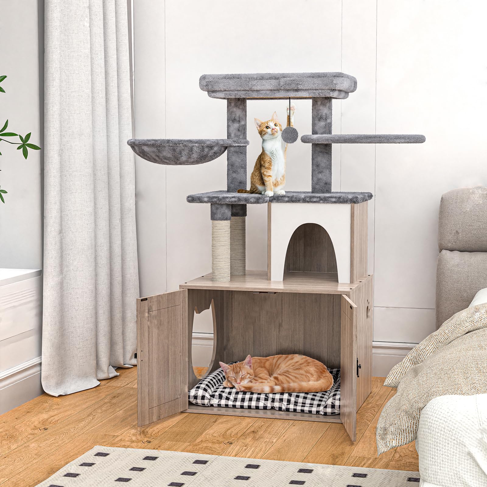 Havenlyyouth Litter Box Enclosure With Cat Tree,Cat Tree With Litter Box Enclosure,Hidden Pet Washroom Furniture With Sisal Scra