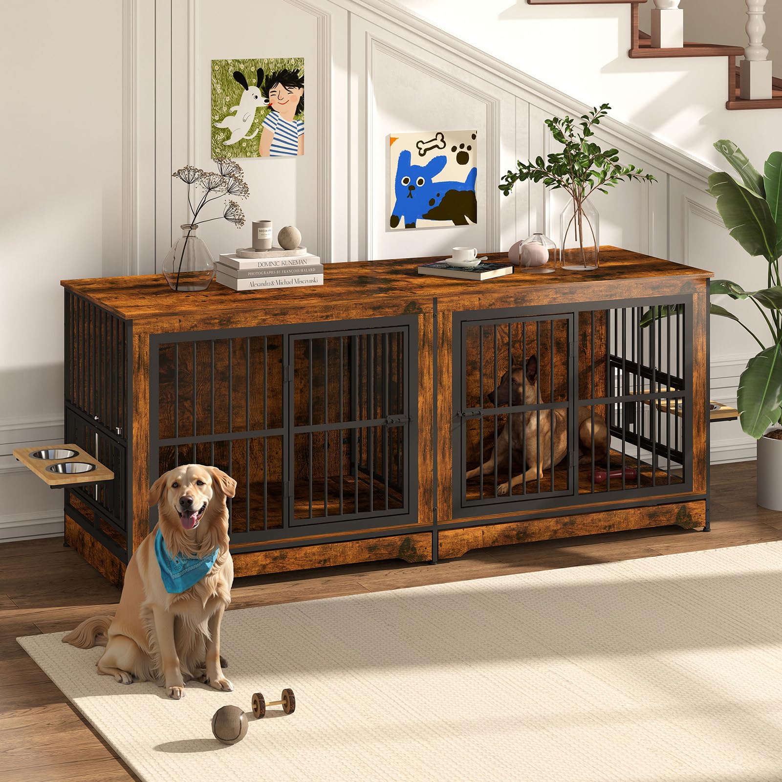 Yafylly 78 Dog Crate Furniture with 4 Dog Bowls, Extra Large Double Dog Kennel with 360 Rotating and Adjustable Height Bowl Ho