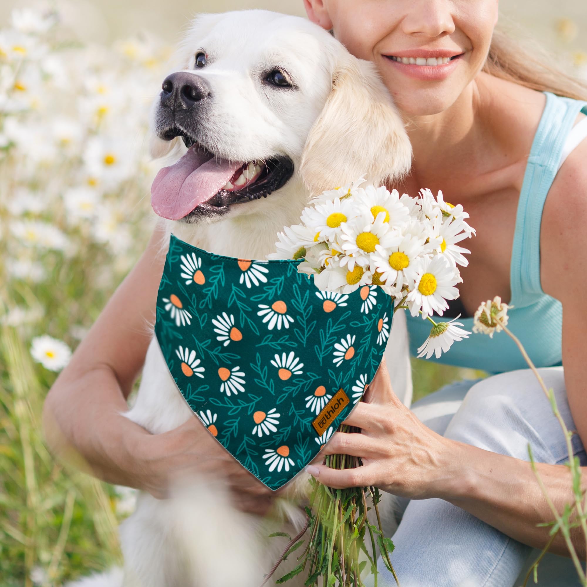 Thloh Spring Dog Bandanas With Snap Button, 2 Pack Floral Dog Scarf For Boy & Girl, Durable Fabric, Adjustable Fit, Unique Shape