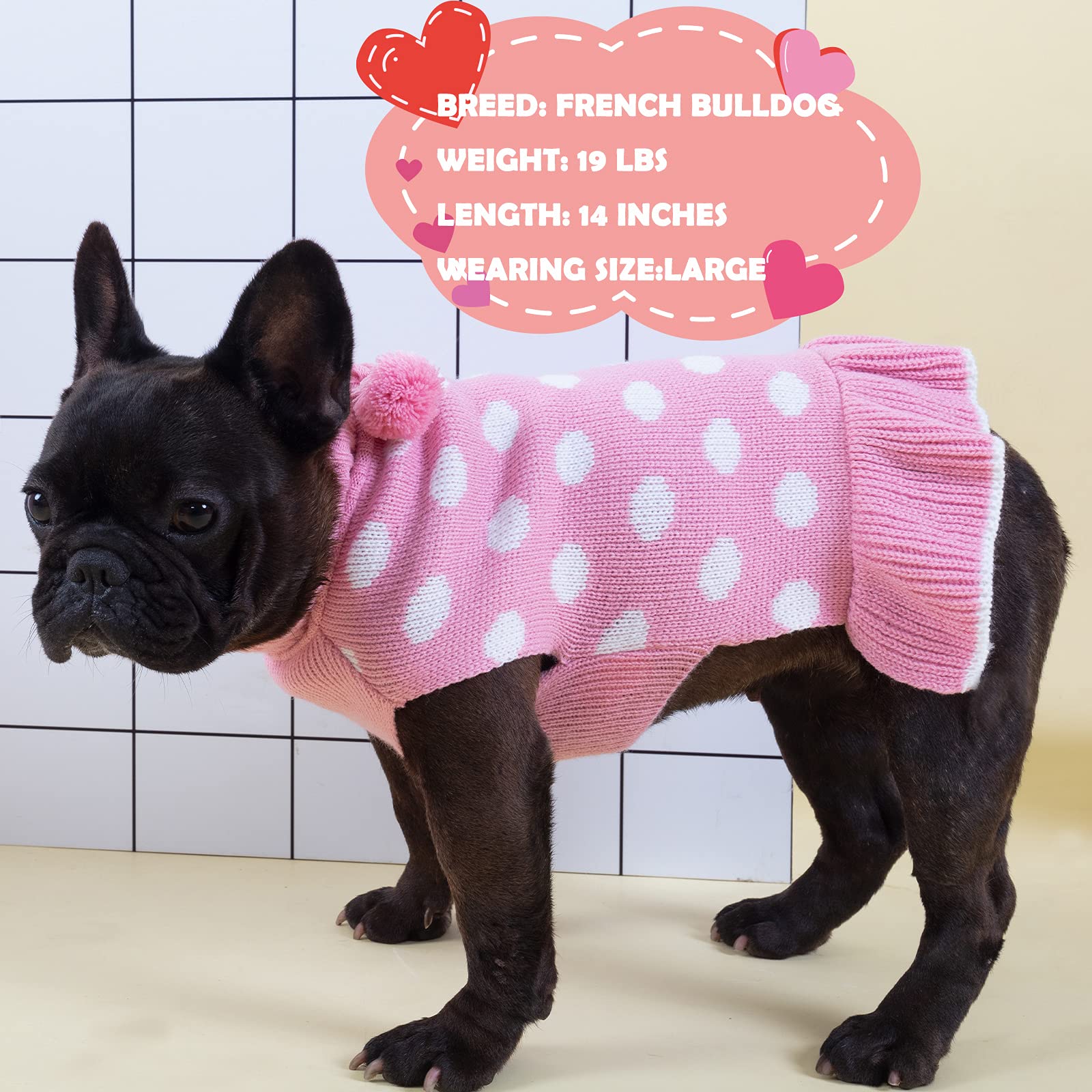 Kyeese Dog Sweater Dress Polka Dot Dog Sweater For Girl Pink With Leash Hole Knit Warm Dogs Clothes With Pom Pom Ball For Fall W