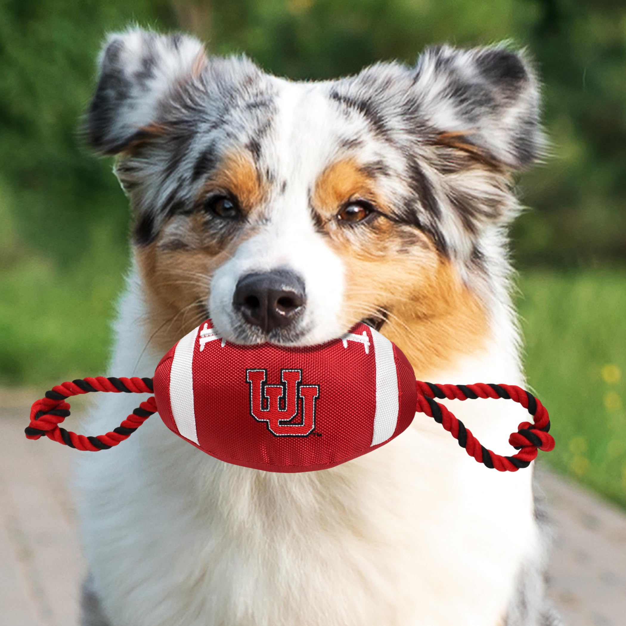 Pets First Utah Football Dog Toy, Tough Quality Nylon Materials, Strong Pull Ropes, Inner Squeaker, Collegiate Team Color