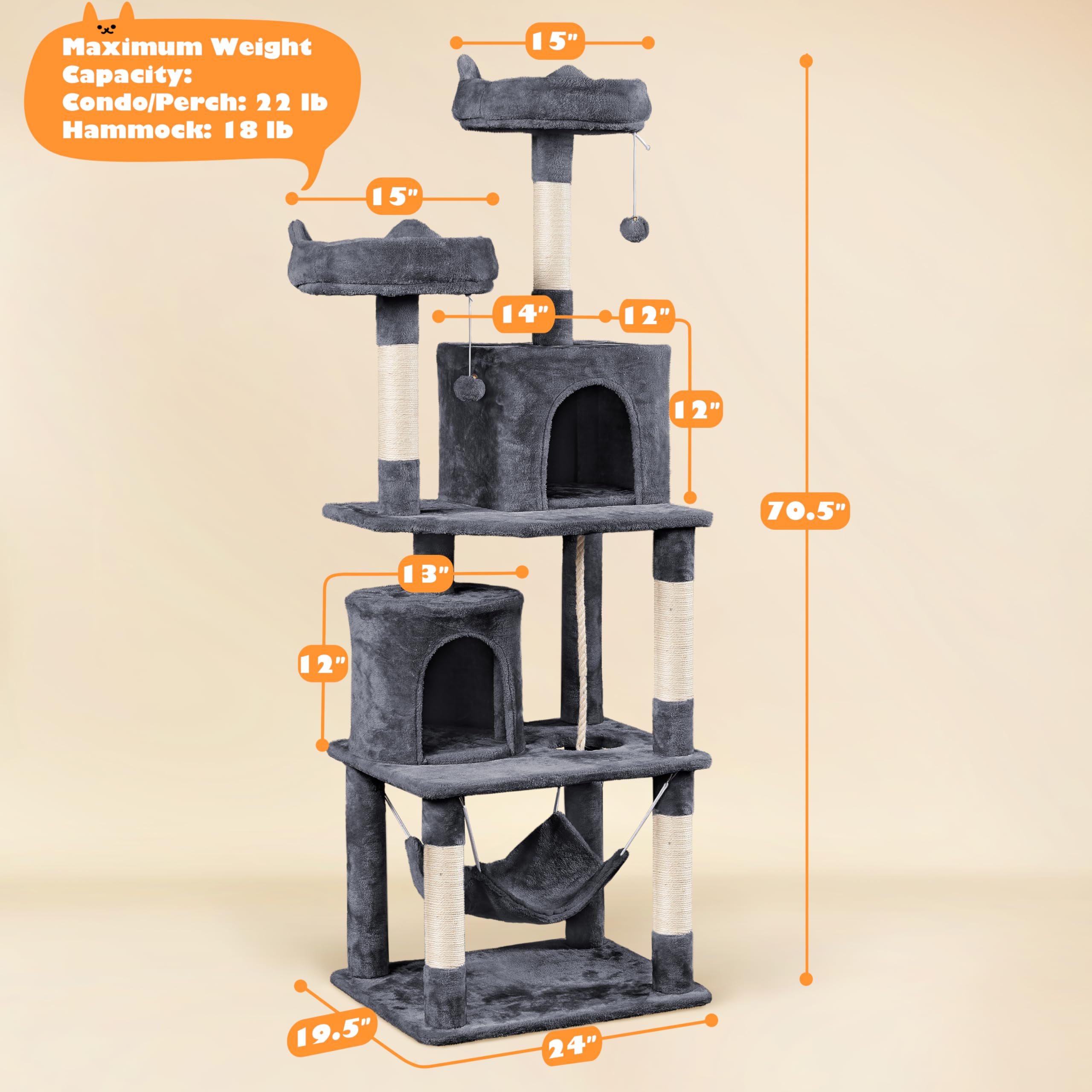 Yaheetech 70.5' H Cat Tower, Multi Level Cat Tree Kitten Condo With 2 Condos & 2 Foam-Padded Perches & Scratching Post & Fur Ball For Medium/Large Cats