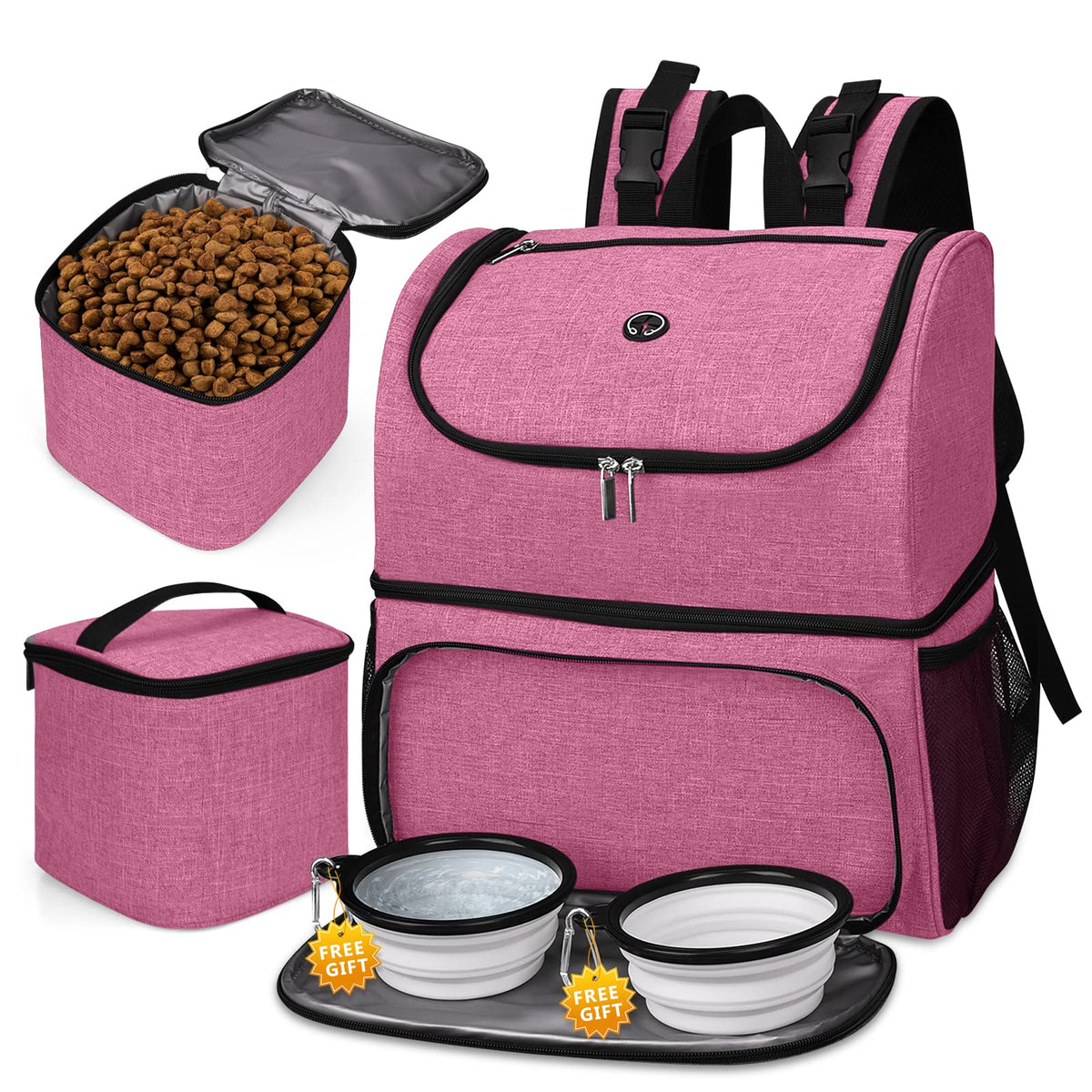 Baglher Pet Travel Bag, Double-Layer Pet Supplies Backpack (For All Pet Travel Supplies), Pet Travel Backpack With 2 Silicone Collapsible Bowls And 2 Food Baskets Pink