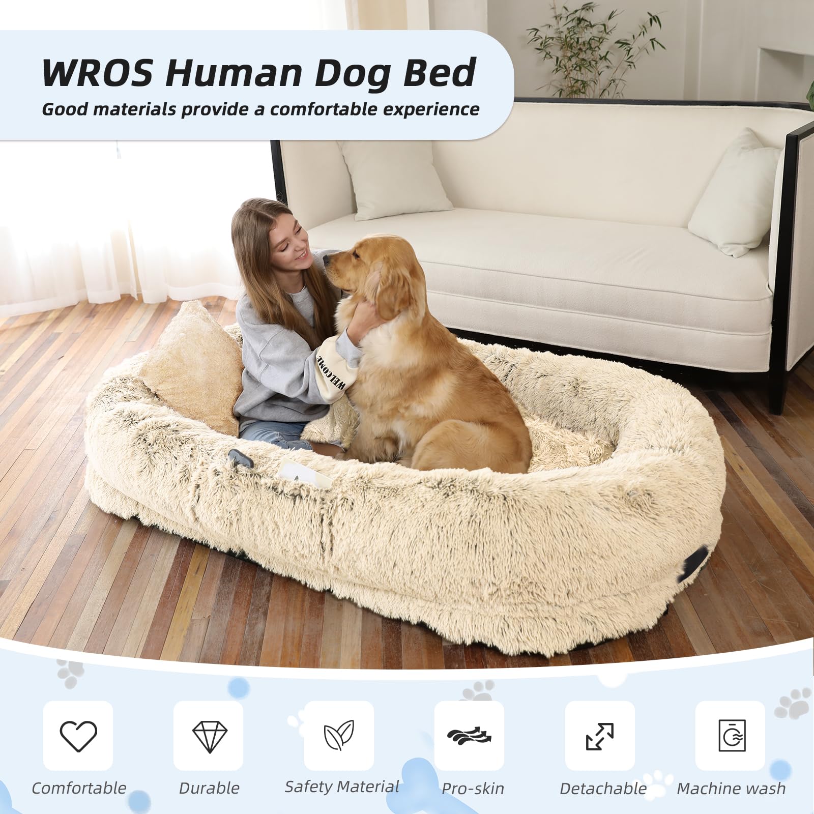 Human & Pet Bed, 71''X45''X12'' Fits All, Washable Faux Fur Orthopedic Dog & Human Bed, Plump Pillow, Blanket, Strap - Beige