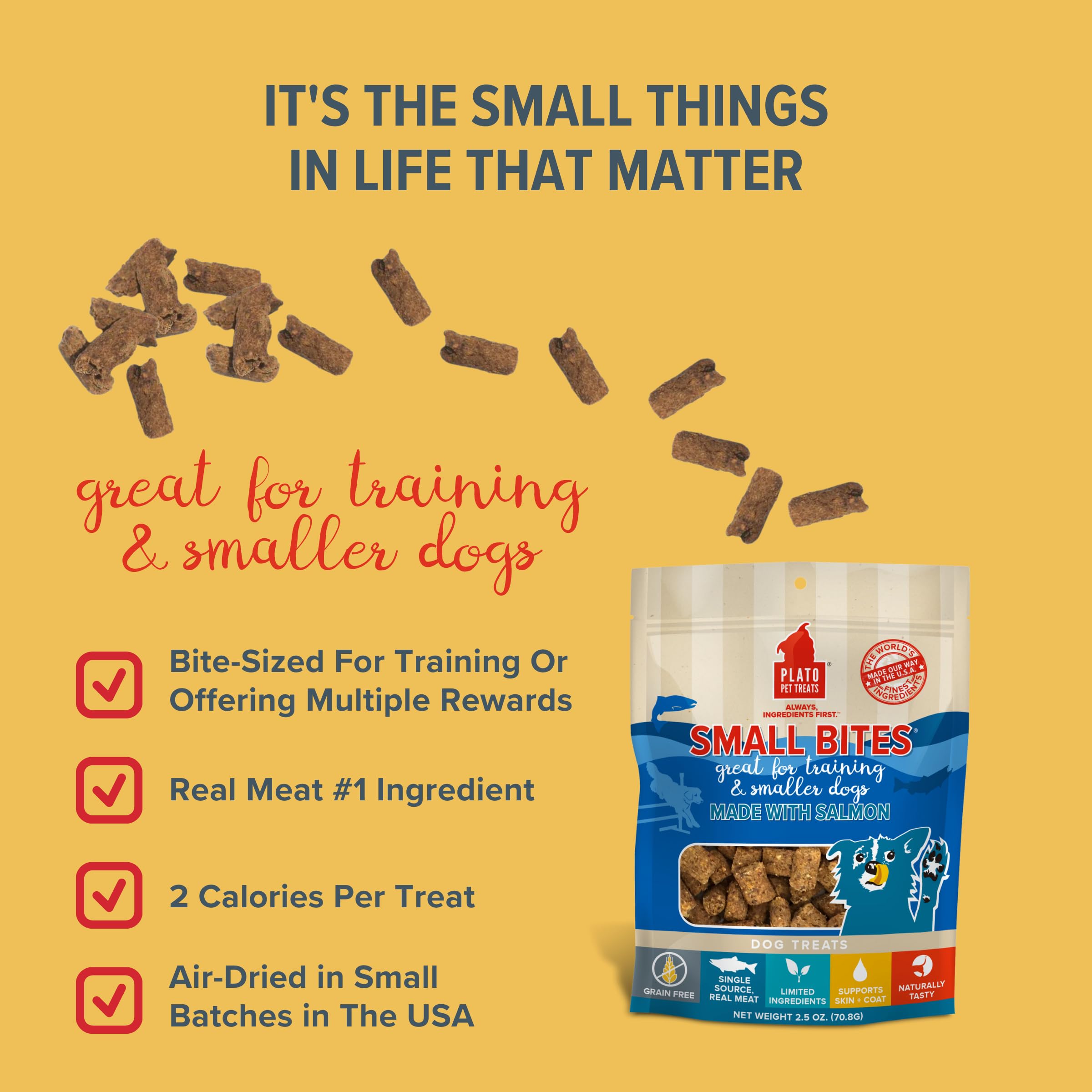 PLATO Small Bites Natural Training Dog Treats - Real Meat - Grain Free - Made in the USA - Salmon Flavor, 2.5 ounces