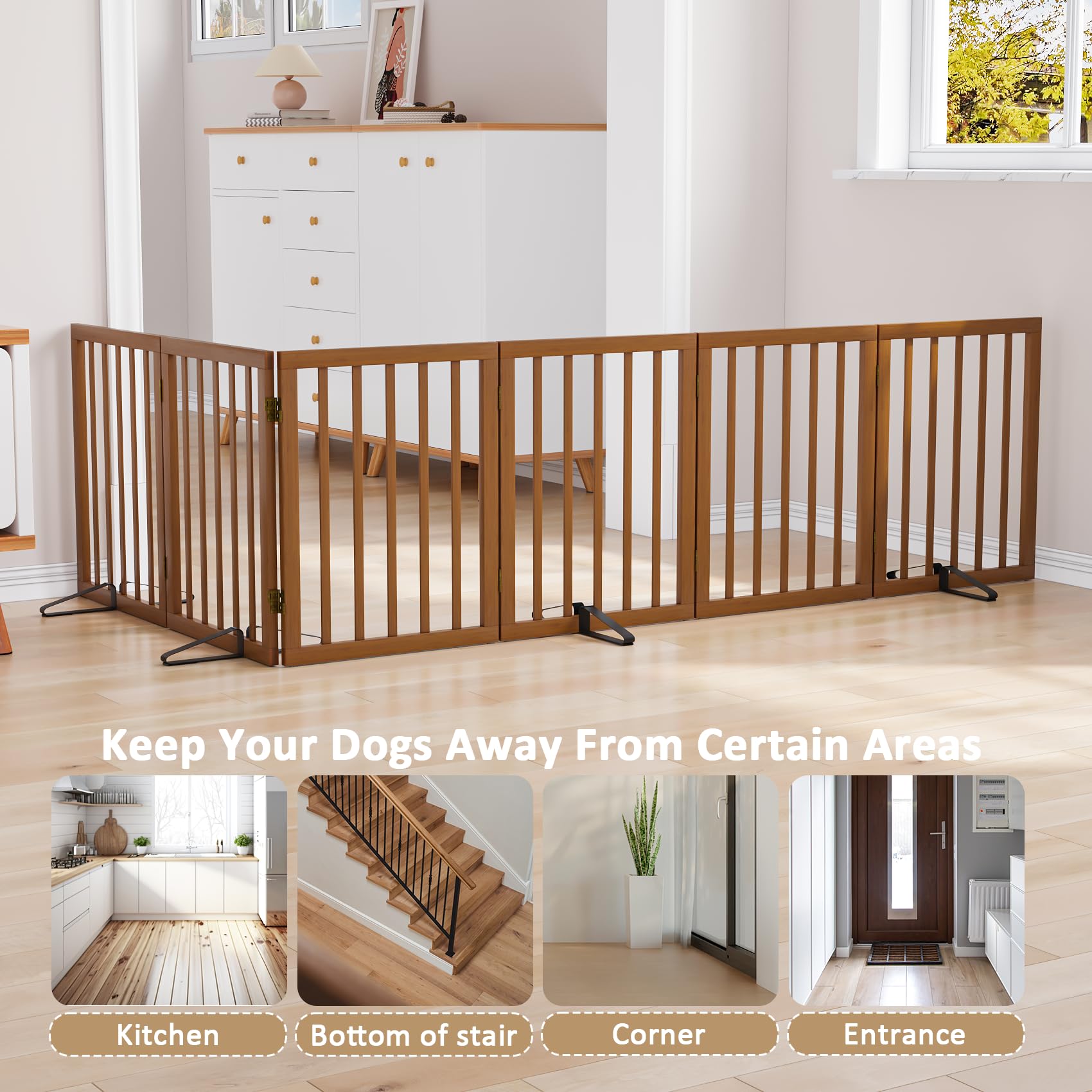 Freestanding Pet Gate Foldable Dog Gate (110 inches Wide) Walnut Bamboo Dog Gates for Stair Doorways House Puppy Fences Indoor (