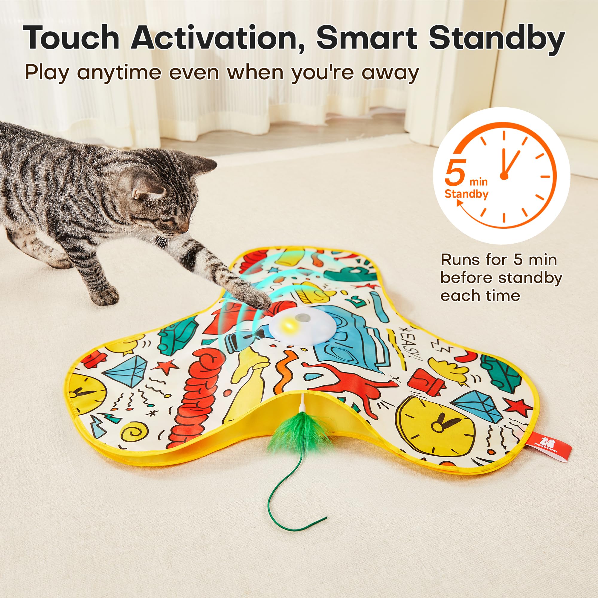 Potaroma Interactive Cat Feather Toys, Hide And Seek Concealed Moving Feather Wand, Rechargeable Touch Activated Indoor Kitten E