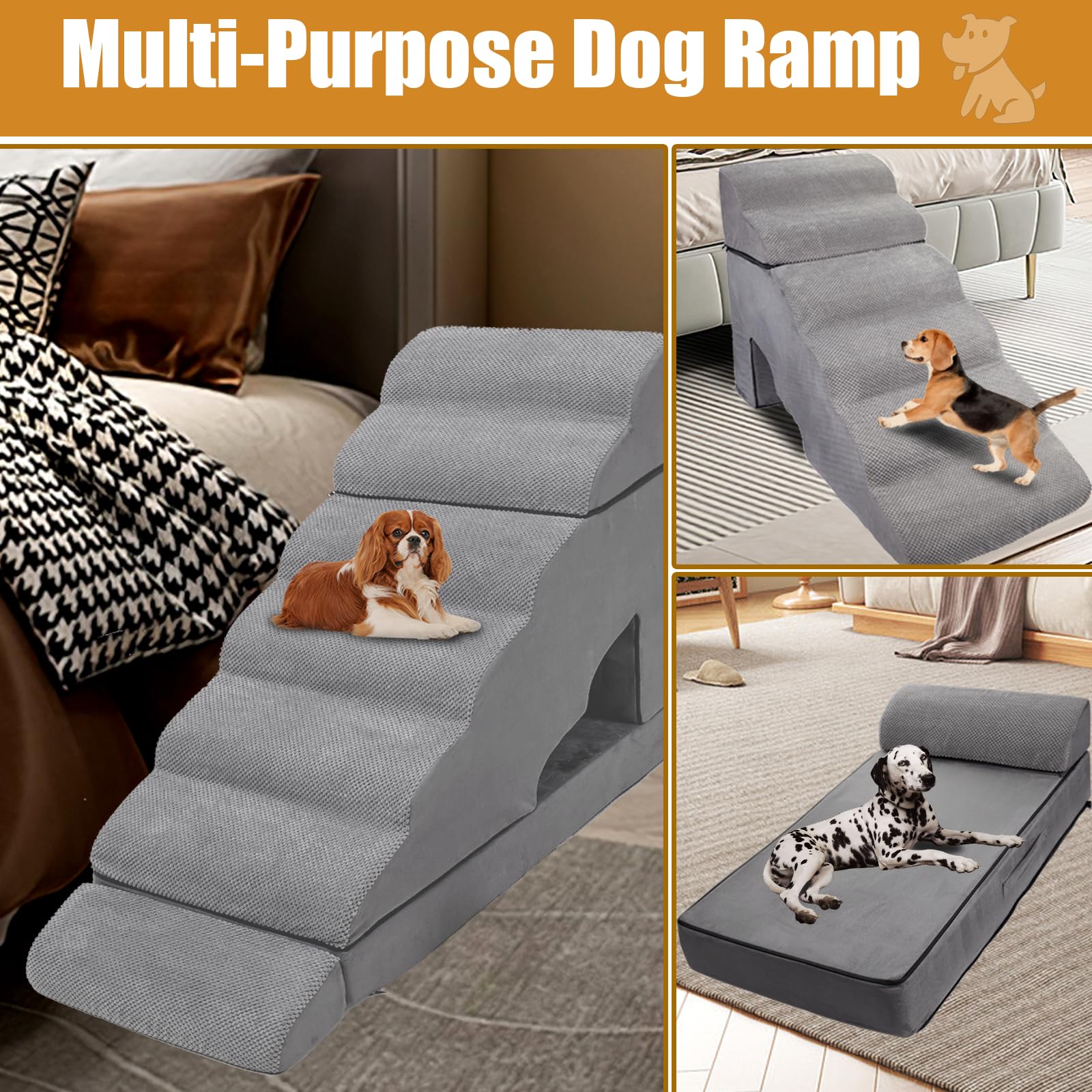 A.Fati 7 Tiers Dog Stairs, Non-Slip Dog Steps For High Beds Up To 32'-36' High, Dog Ramp For Small Dogs, 34 Inch Pet Ramp For