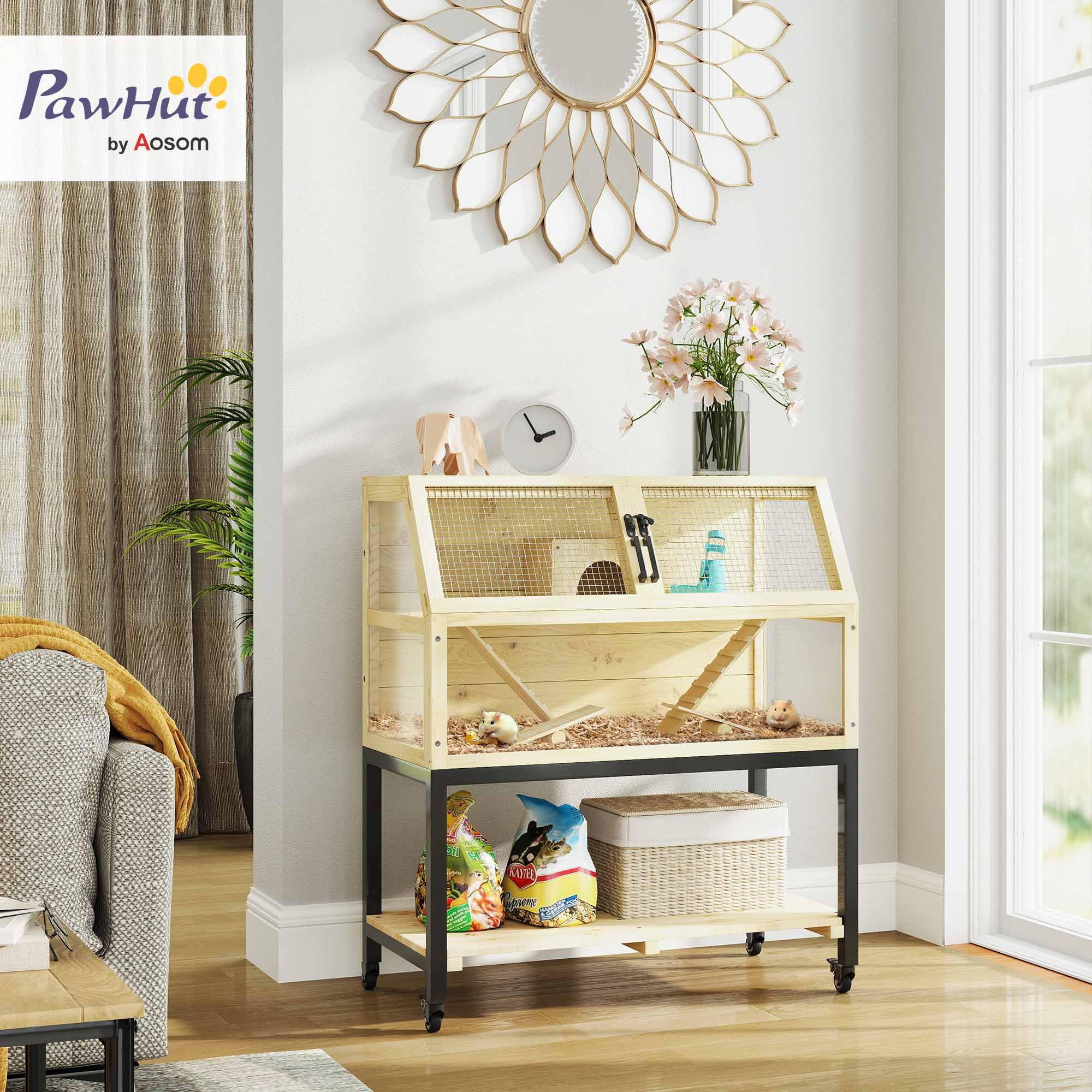 Pawhut Hamster Cage With Storage Shelf, Wooden Rat Cage On Wheel, Small Aniaml Cage With Seesaws, Water Bottle, Hut & Ramps, For