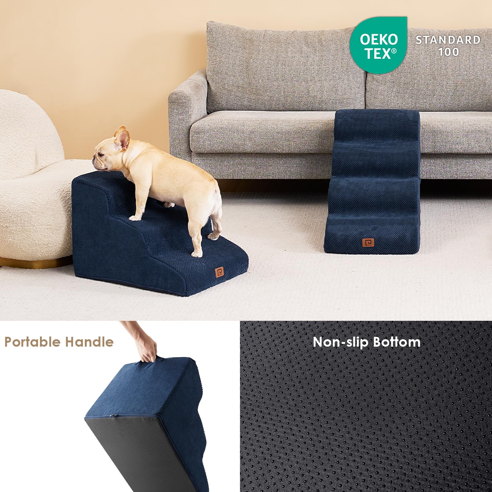 Eheyciga Curved Dog Stairs Ramp For Small Dogs 15.7' H, 3-Step Dog Steps For Couch Sofa And Chair, Pet Stairs For Cats, Non-Slip Balanced Pet Steps Indoor, Navy