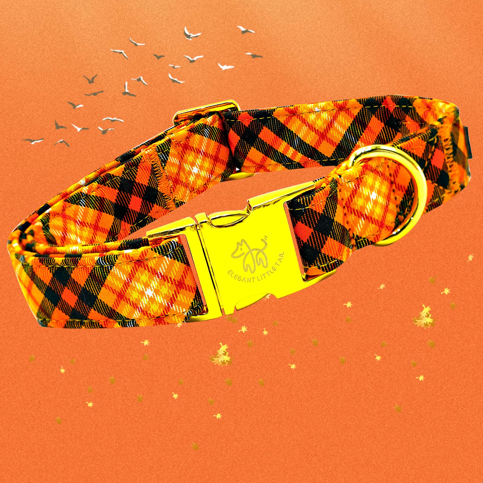 Elegant Little Tail Orange Plaid Cotton Dog Collar With Metal Buckle For Small Dogs