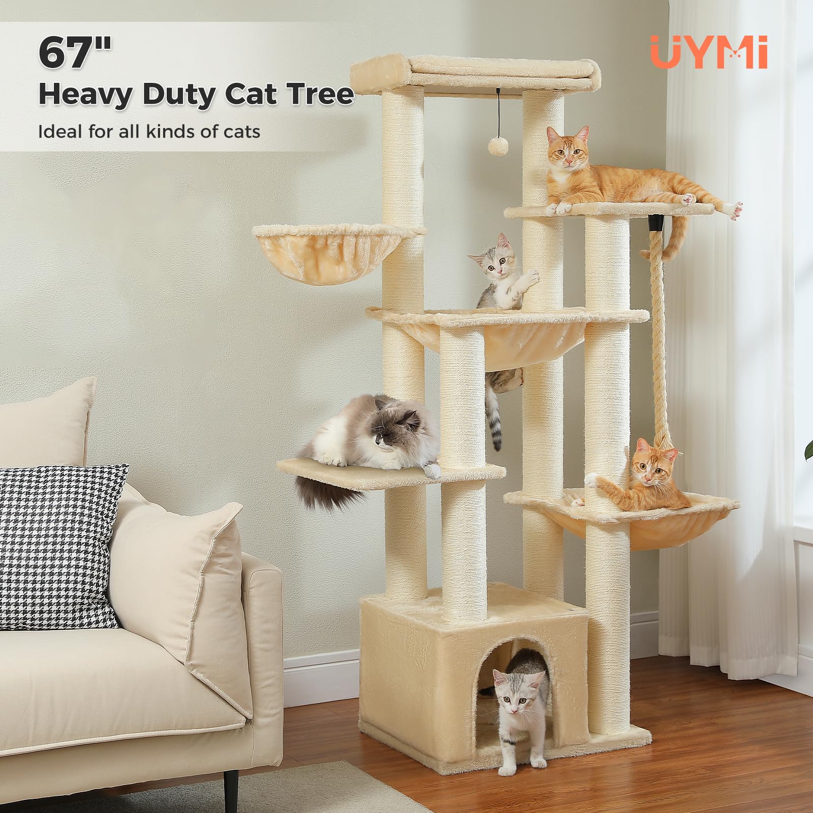 UYMI 67 Heavy-Duty Cat Tree for Indoor Cats Large Adult, XXL Cat Tower with 13 Thick Scratching Posts (f4.3), Super Large Perch,