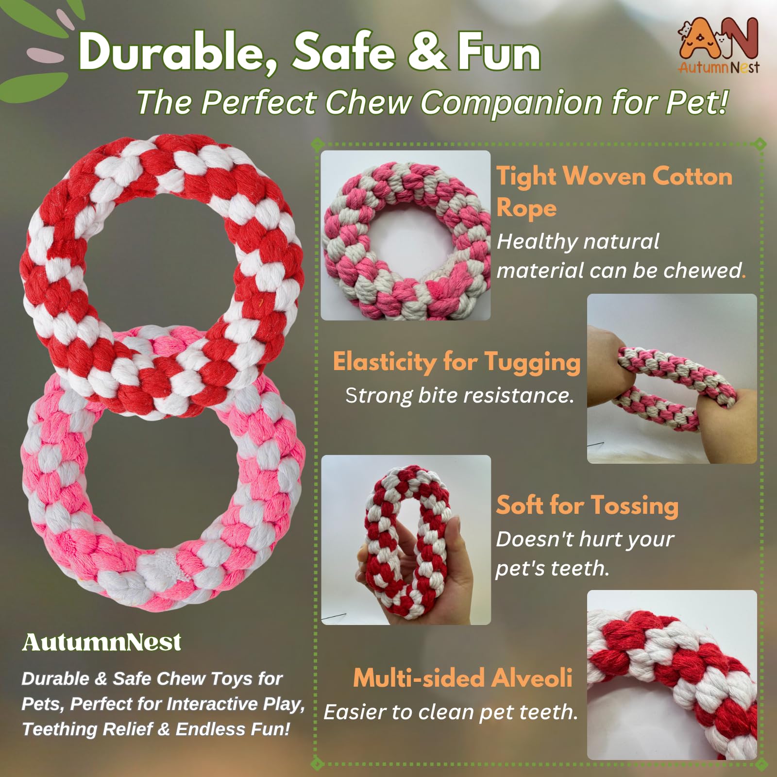 Autumnnest Woven Round Donut Pet Rope Toys Set, 2-Pack (Red & Pink) 4.8-Inch Durable Cotton Pet Chew Toys For Dogs & Cats, Heavy