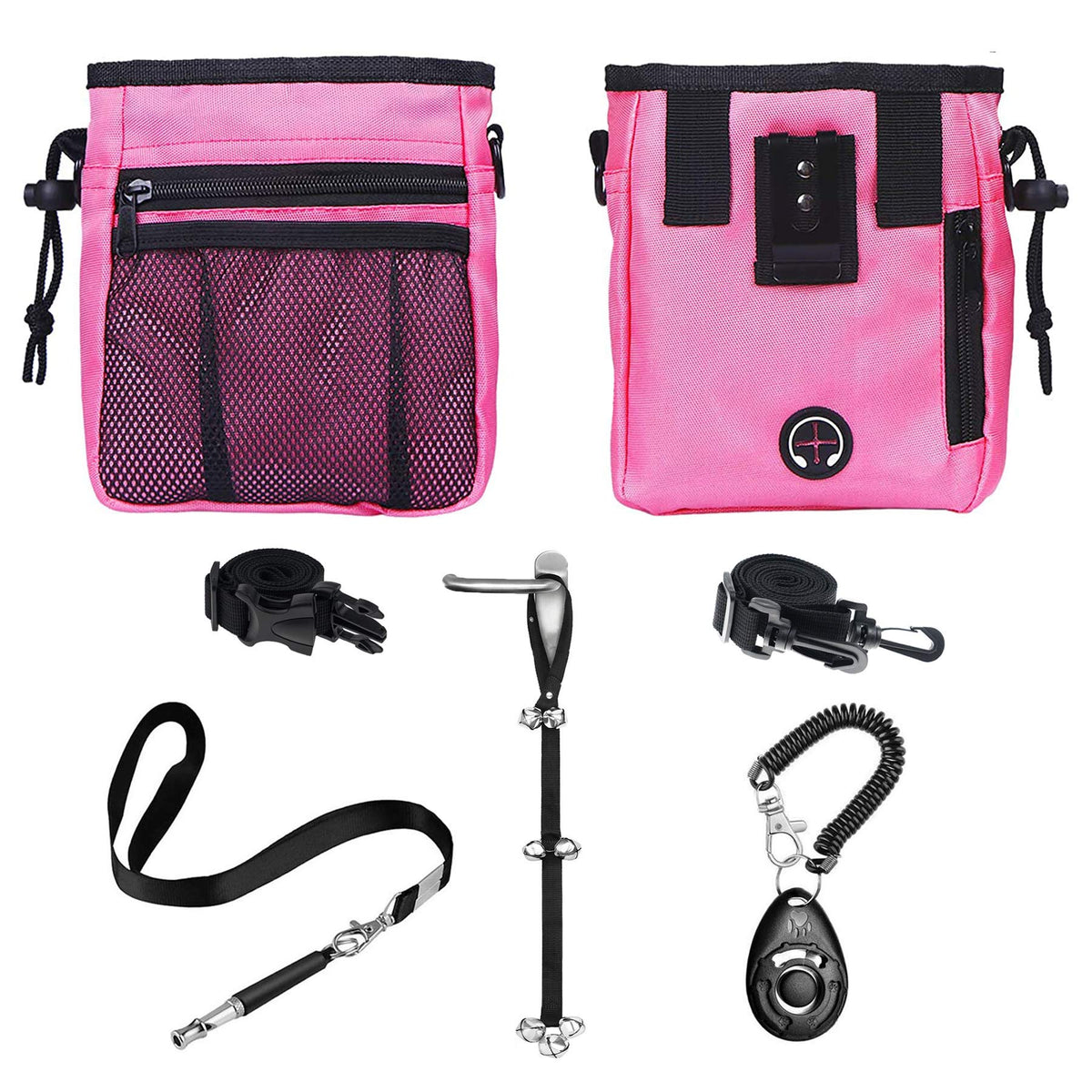 D-Buy 4-In-1 Dog Training Set, Puppy Training Treats- Dog Treat Training Pouch, Dog Whistle, Dog Doorbells, Dog Clicker, Ideal Gift For First Time Pet Owners, Training Dog Owners (Pink)