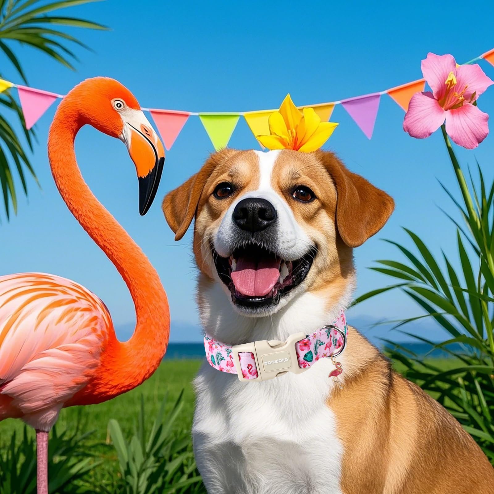 Dogwong Flamingo Dog Collar - Adjustable Summer Hawaiian Dog Collar For Girl And Boy Dogs With Quick Release Buckle