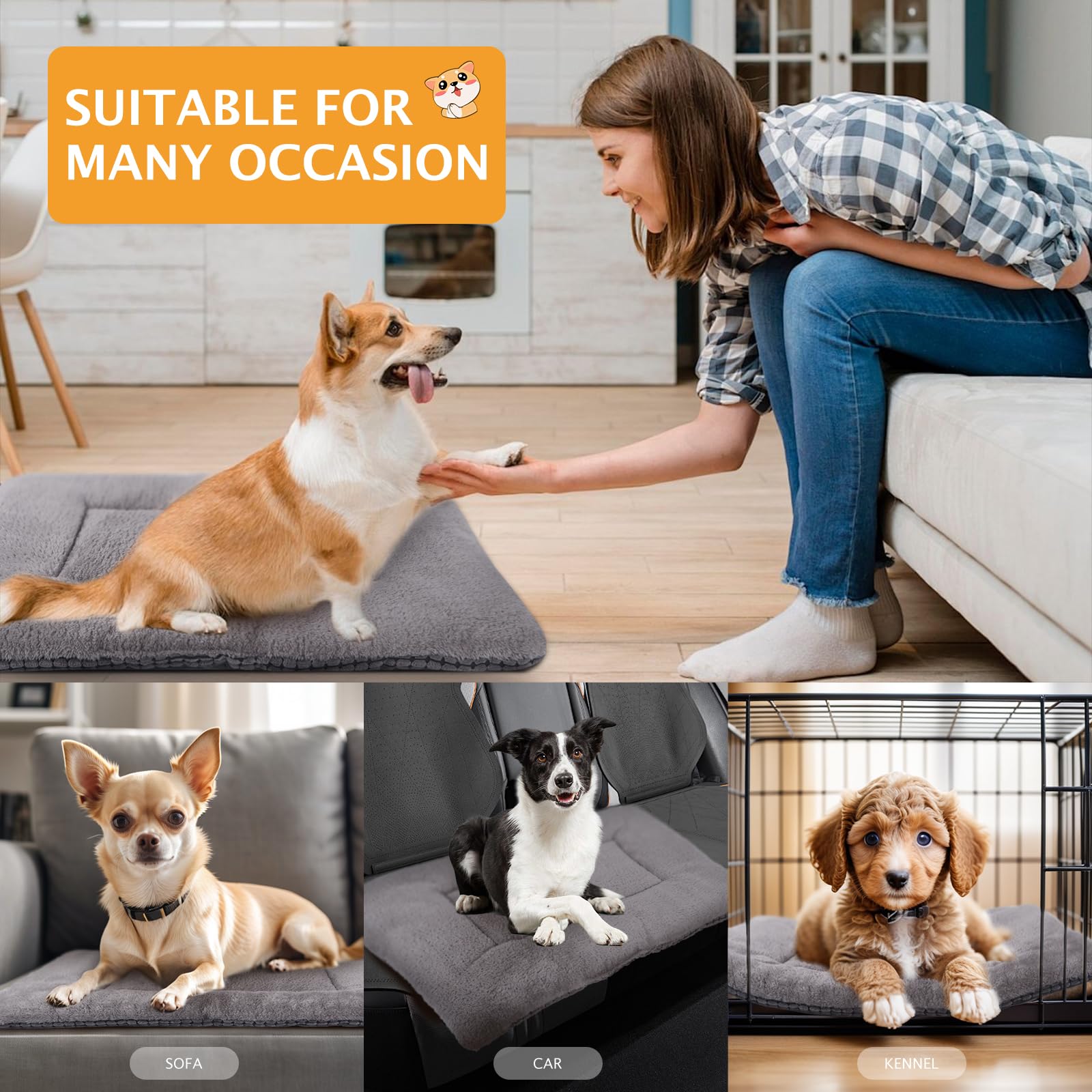 Vetasac Reversible Dog Bed Mat With Plush And Corn Velvet,Soft Warm Pet Cushion, Dual Purpose Washable Sleeping Mattress Bed For Small Medium Large Dog And Cat Xb004 (42'X28', Light Grey)