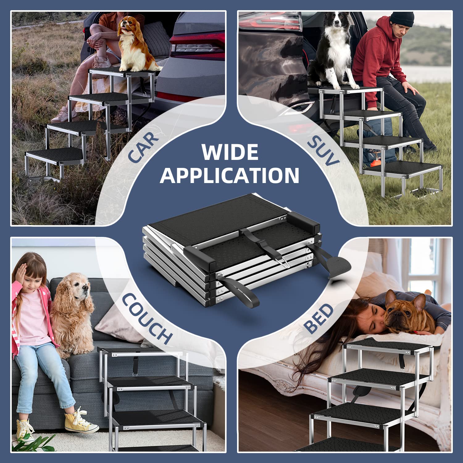 Petruna Extra Wide Dog Stairs For Large Dogs, Foldable Dog Ramp For Car With Non-Slip Surface, Dog Stairs For Cars, High Beds, Truck, Supports Up To 250 Lbs, 4 Steps