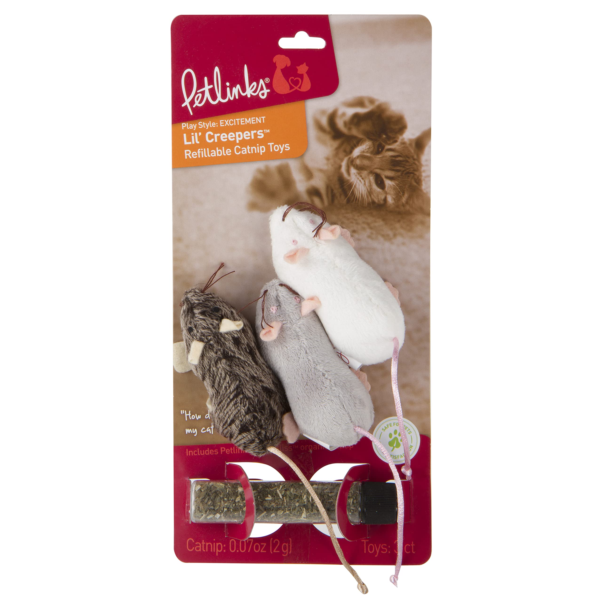 Petlinks Lil' Creepers Cat Toys - Refillable Catnip Tube, Multi Color, Set of 3, Interactive Play for Cats