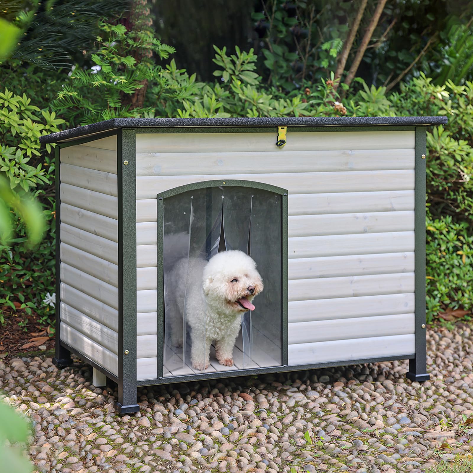 Dog House Outdoor Dog House For Small Medium Large Dogs, Natural Wood With Iron Frame, Waterproof Roof Raised Feet (43.3'' L-Whi