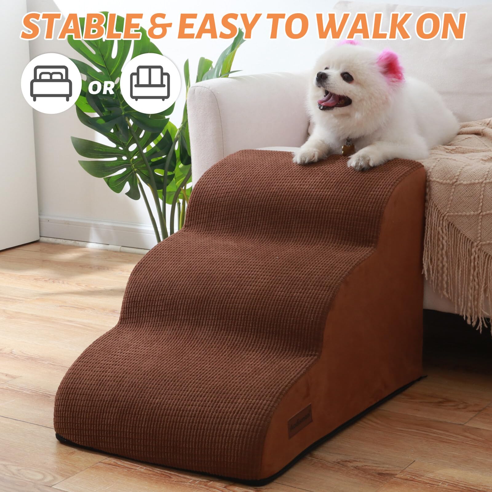 3-Step Dog Ramp and Stairs for Sofa and Chair - Non-Slip Sturdy Pet Steps for Small Dogs and Cats,15.7  H,Brown