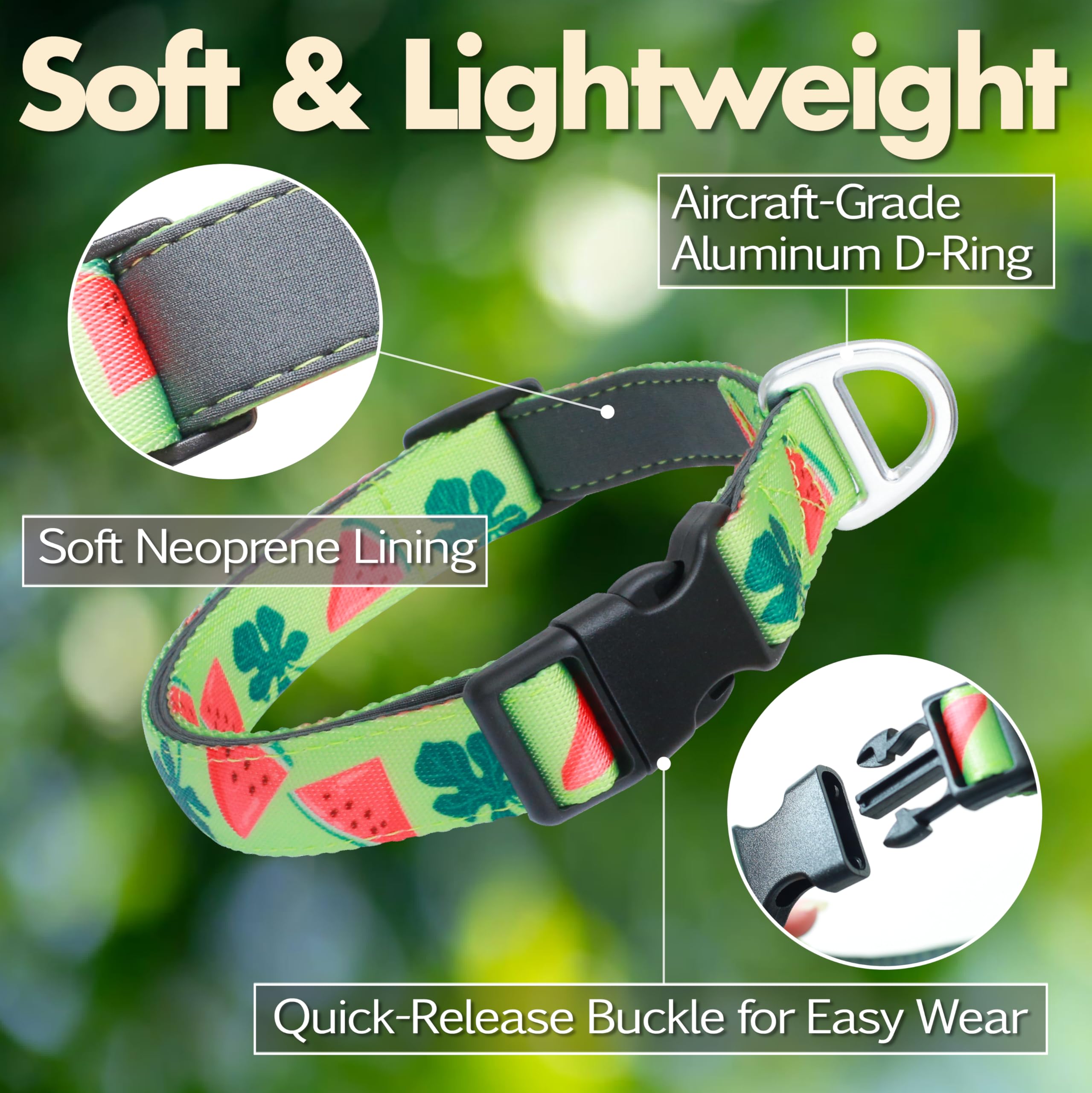 Jc House Medium Dog Collar With Reflective Logo And Soft Padded Neoprene,Summer Watermelon Design, Adjustable,Lightweight & Dura
