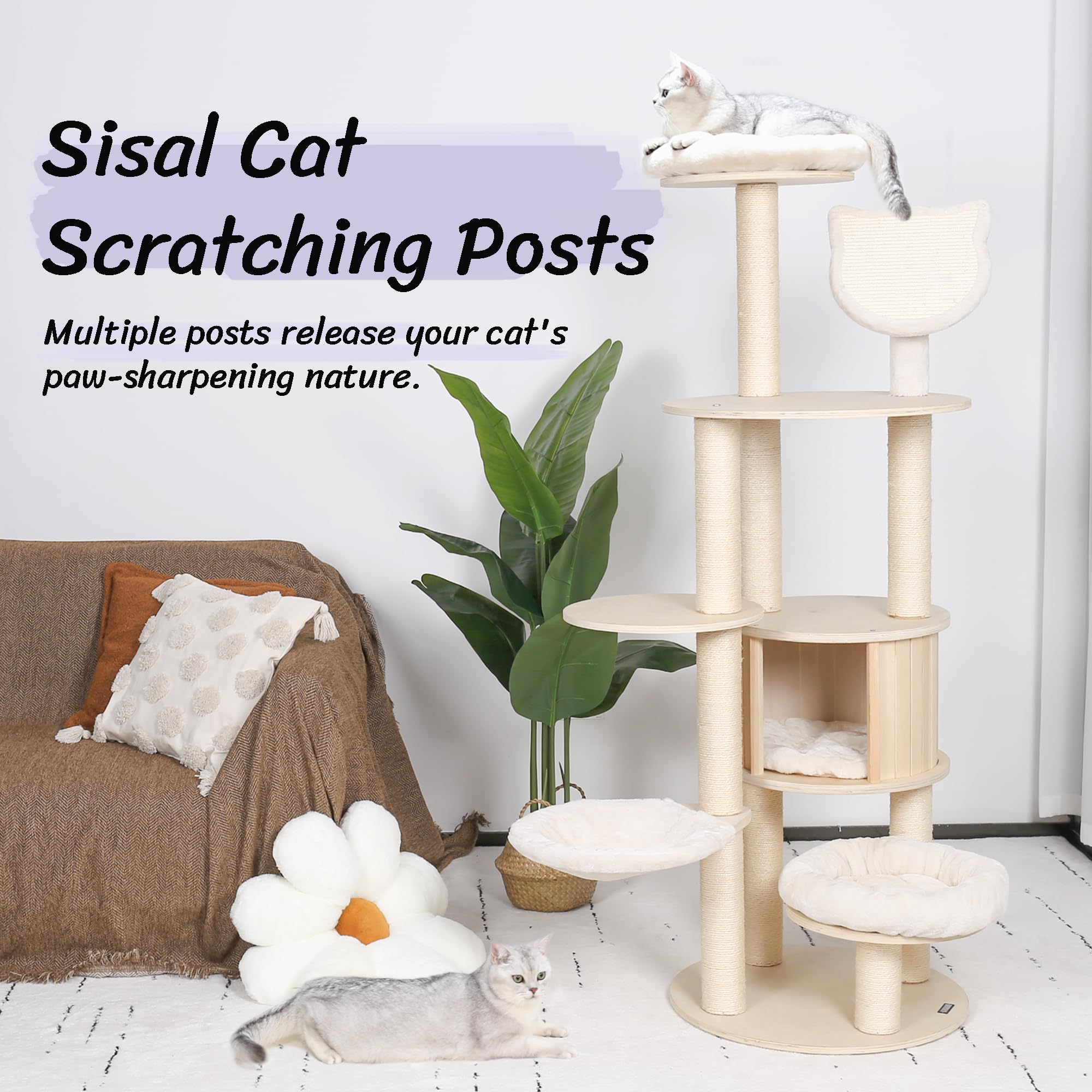 Kamaboko 64'' Tall Cat Tree - Wooden Cat Trees Tower With Cat Condo, Hammock & Top Perch, Modern Tall Cat Tree W/Natural Sisal P