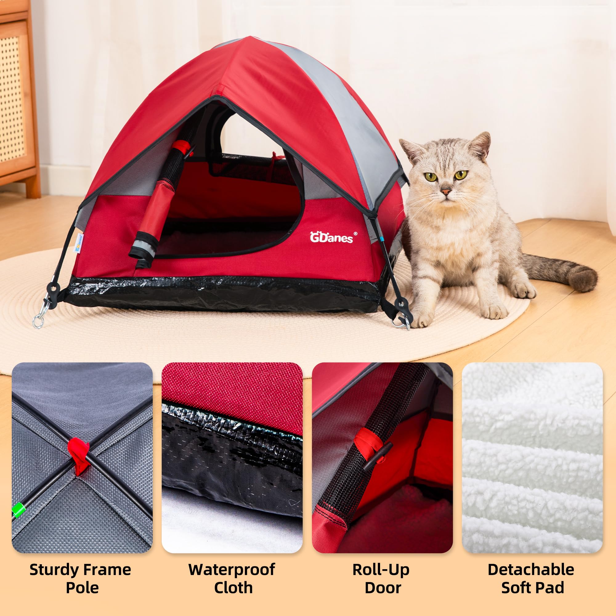 Gdanes Cat House Portable Indoor/Outdoor Red Cat Tent For Cats And Small Dogs With Soft Pad
