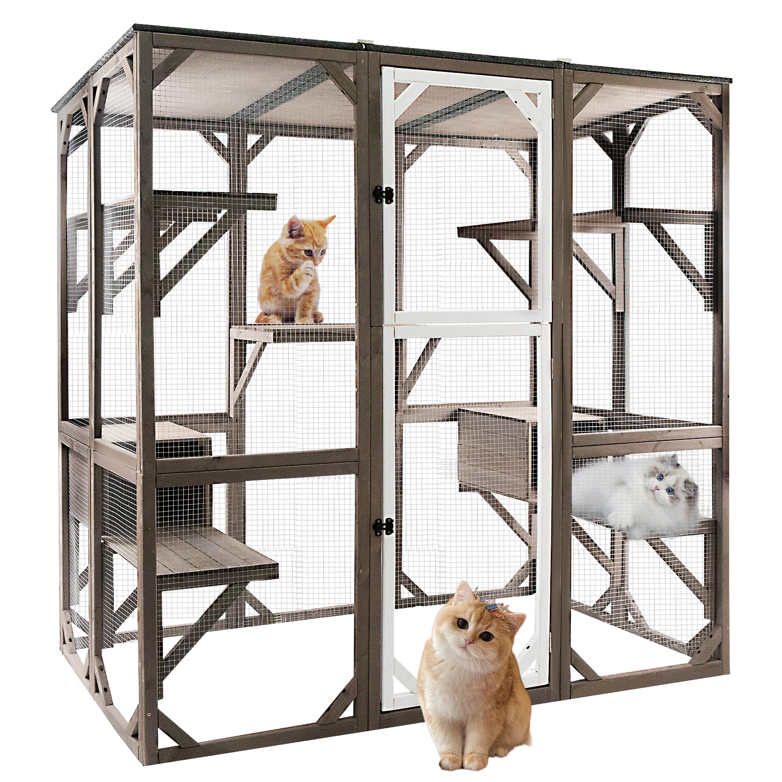 Gowoodhut Outdoor Catio Cat Enclosures - Extra Large Wooden Outdoor Cat House Enclosure Weatherproof With Multi Platforms & Loun