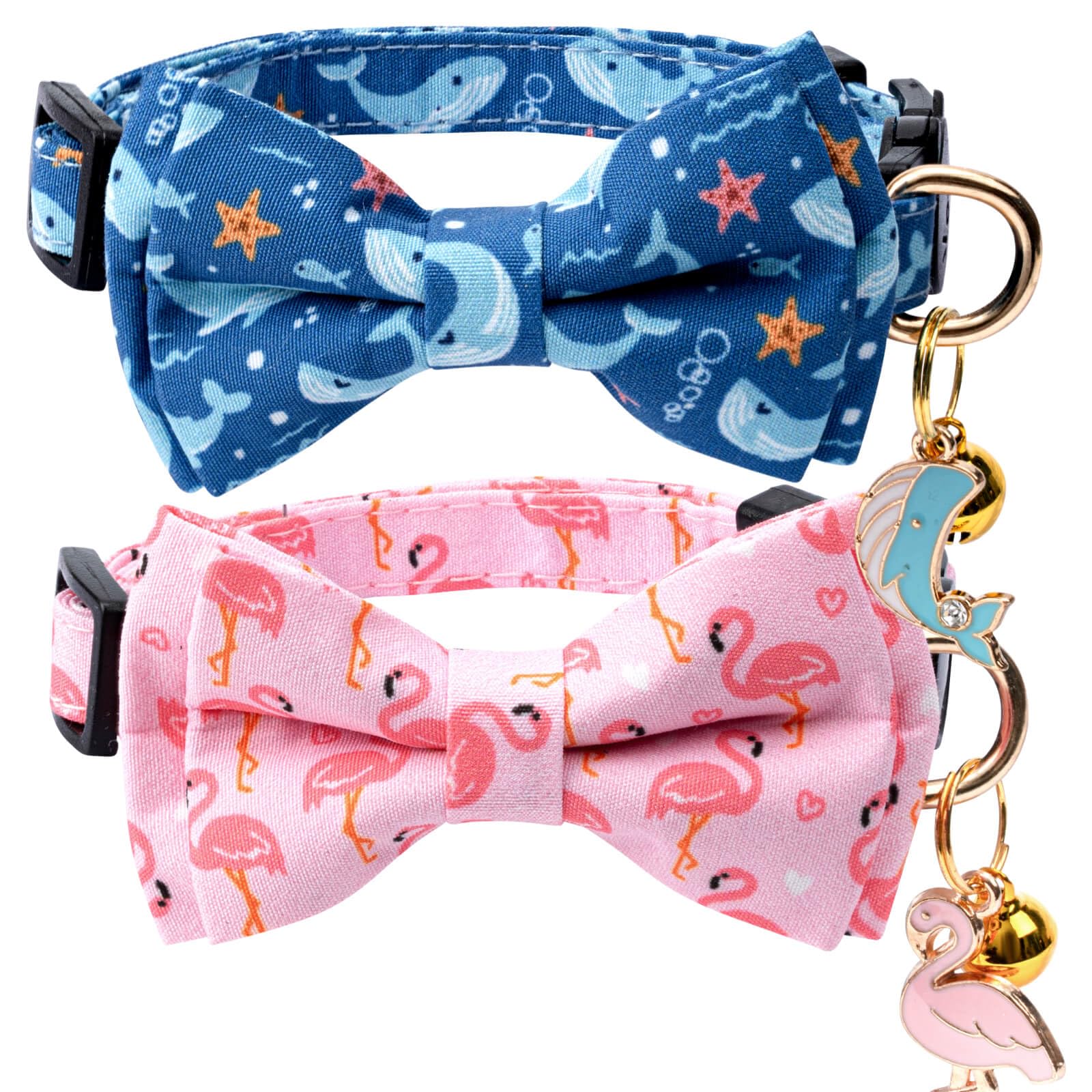Jelwuion 2 Pack Cotton Cat Collar With Bow Tie And Bell For Girl Boy Cats,Cute Pink Flamingo And Blue Whale Pattern Spring Summe